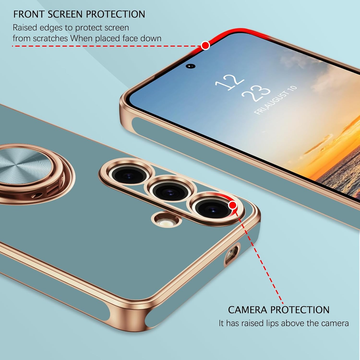 Telaso for Samsung Galaxy S25 Case, 360° Rotation Kickstand Ring Holder Plating Edge Soft Rubber TPU Bumper Slim Flexible Shockproof Protective Phone Case Cover for Samsung S25 2025, Gray Green - Image 4