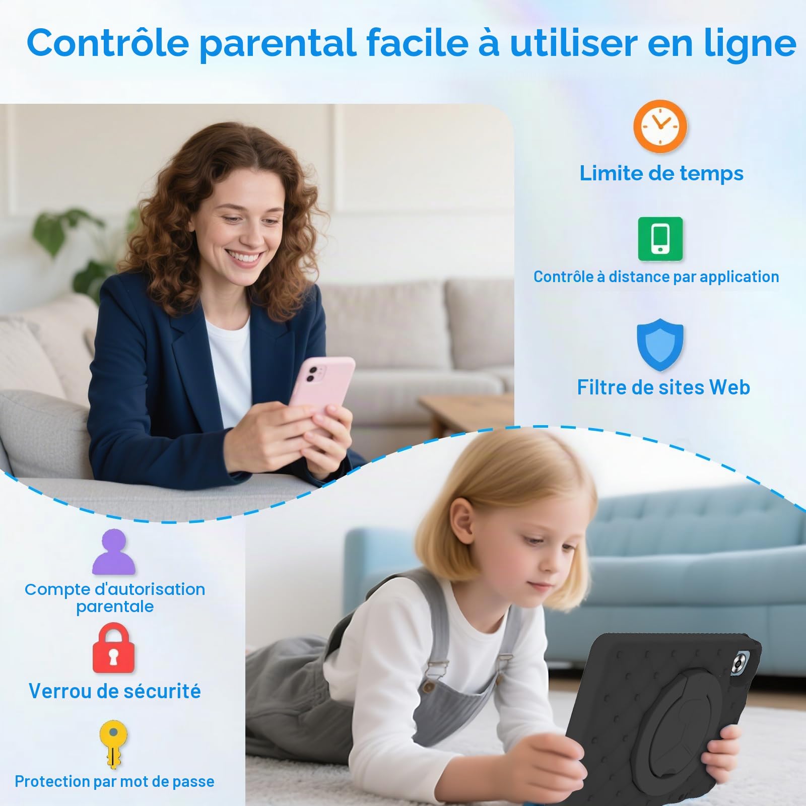 DMOAO Tablette Enfants 10 Pouces Android 15 avec 30Go RAM (TF 2To), 5G WI-FI 6, Widevine L1, Contrôle Parental, 8-Core, Tablette Tactile avec Coque Antichoc EVA + Support Rotatif à 360°,Noir Profond