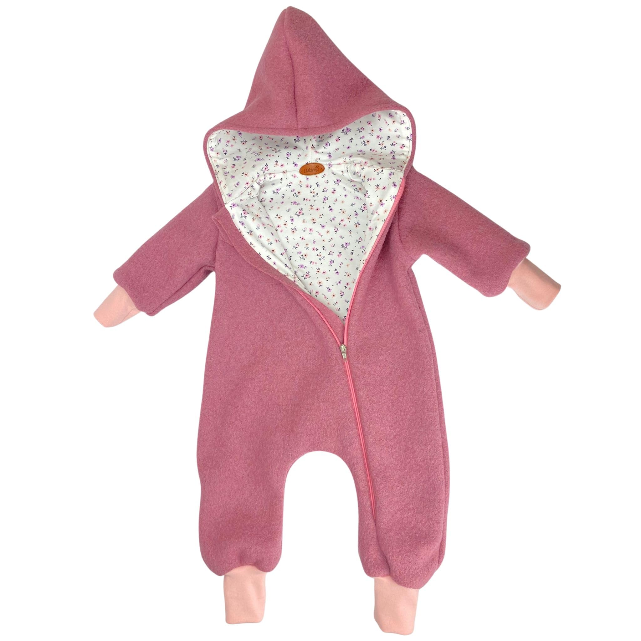 Lilakind Wollwalk Overall für Baby und Kleinkind mit Kapuze und Reißverschluss – Dusty Pink Blumenmuster