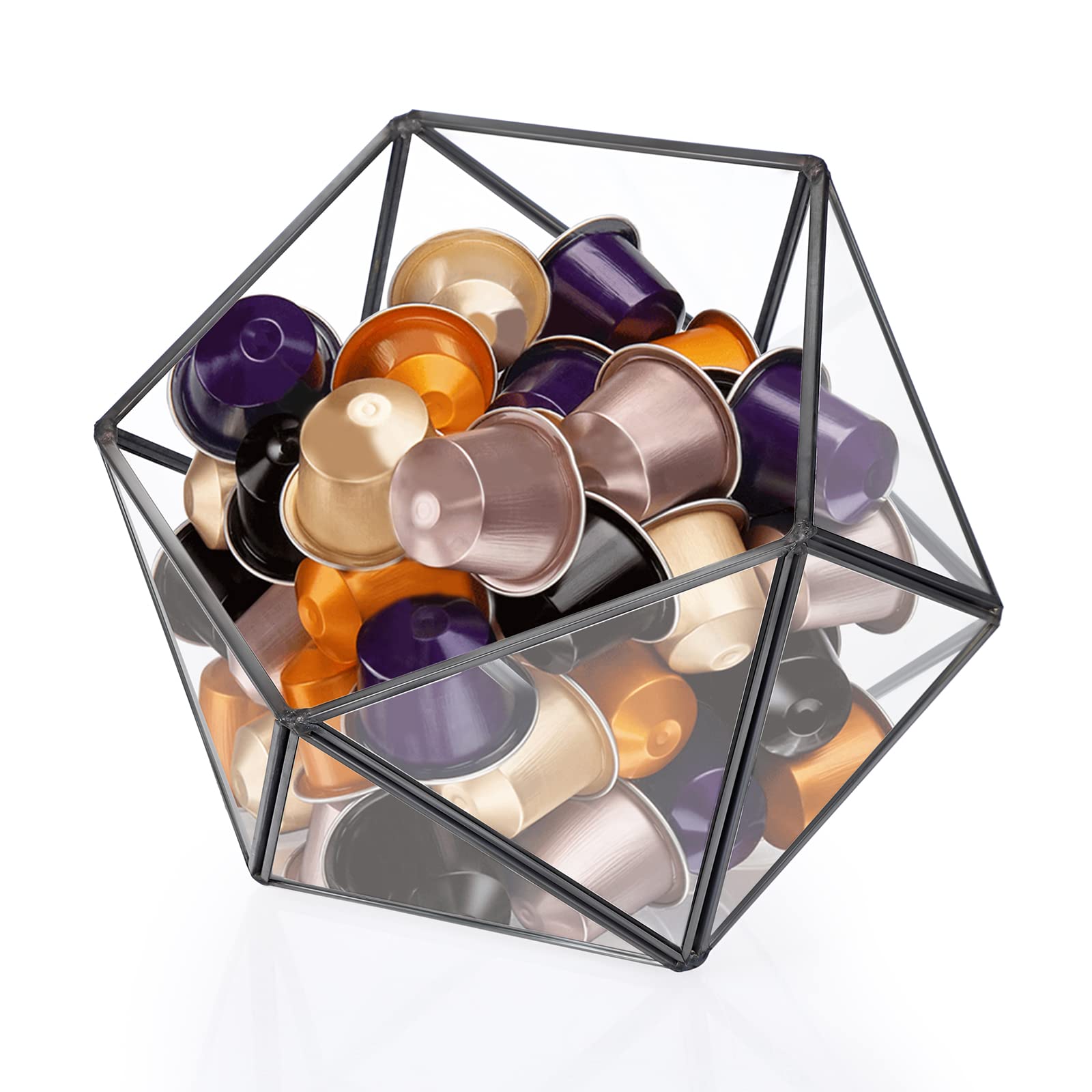 ELLDOO Porta cialde di caffè in vetro nero, 15 lati, geometrica, organizer per capsule di caffè K Cup Espresso, bustine di tè e zucchero, per cucina, bar, bancone ufficio