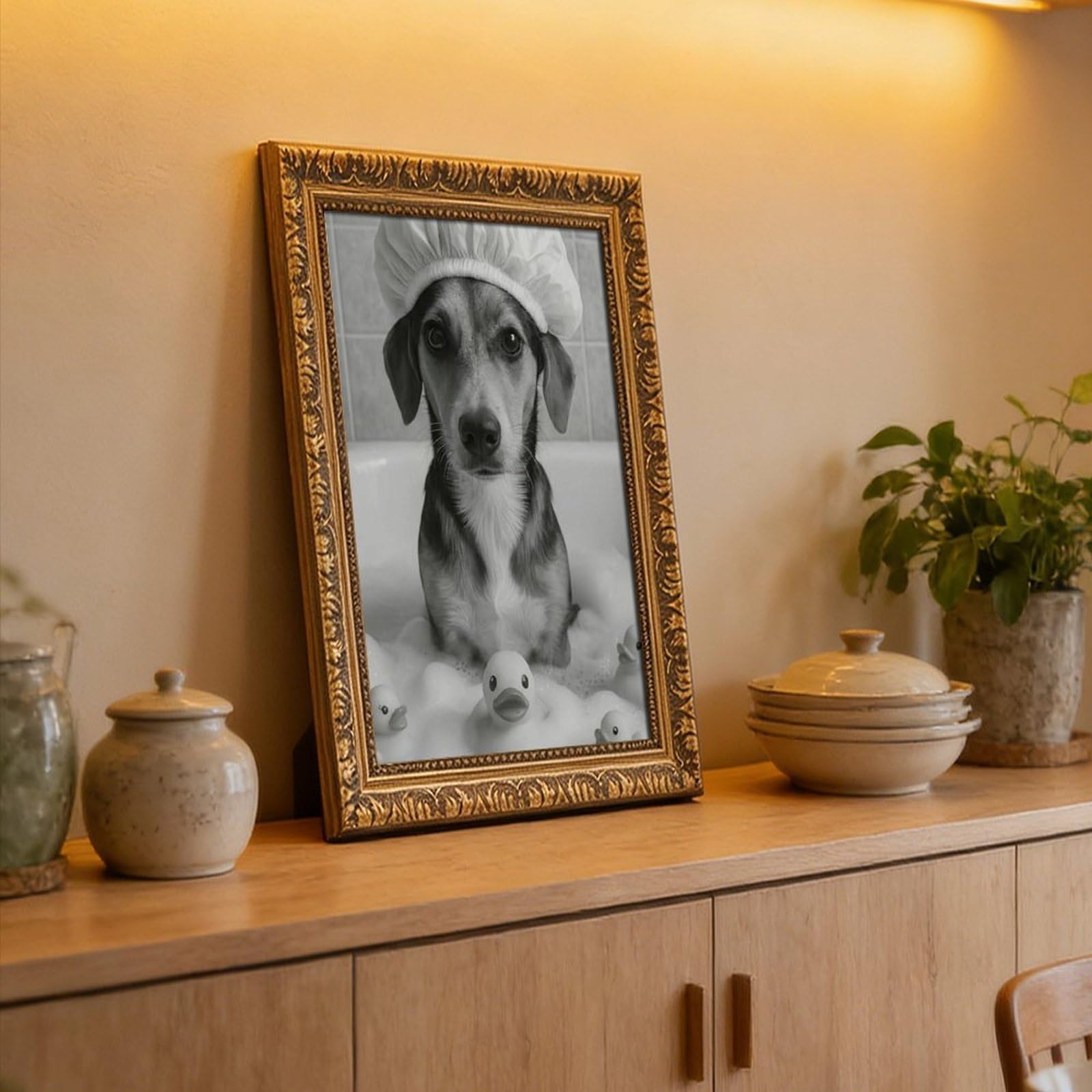 Lustiger Hund in der Badewanne, niedlicher Welpe mit Duschhaube, Leinwand-Poster, Wandkunst für Wohnzimmer und Schlafzimmer, 61 x 91,4 cm