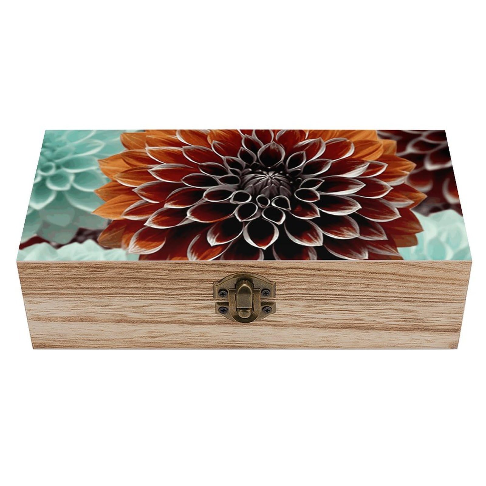 WAFICAC Dahlia Flower Wooden Keepsake Box Wooden Box with Hinged Lid Decorative Storage Boxes Unique Gift Ideas for Men & Women Size 7.9" X 3.9" X 2.3"