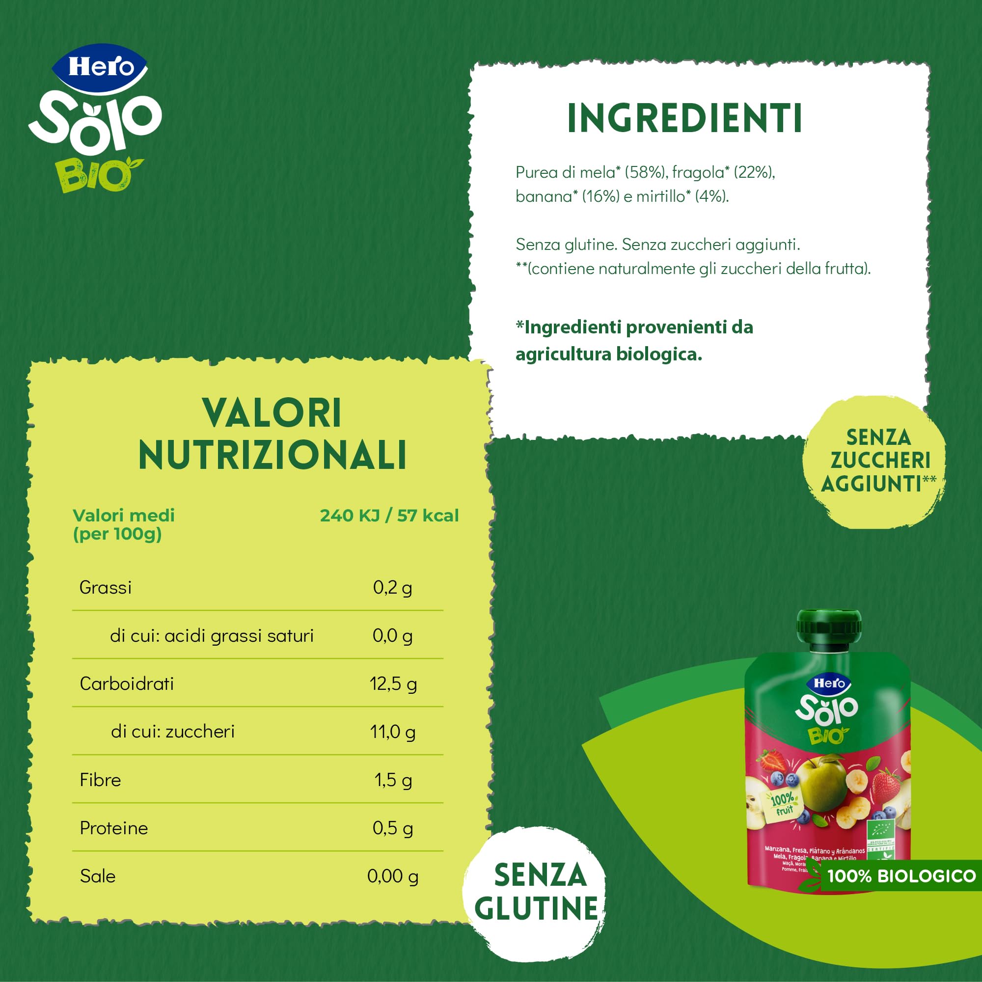 Hero Solo Pouch Frutta Frullata 100% Bio Mela, Banana, Fragola e Mirtillo, senza Zuccheri Aggiunti, Conservanti e Coloranti, senza Glutine, dai 4 Mesi in su - Pack da 18 Confezioni X 100 G