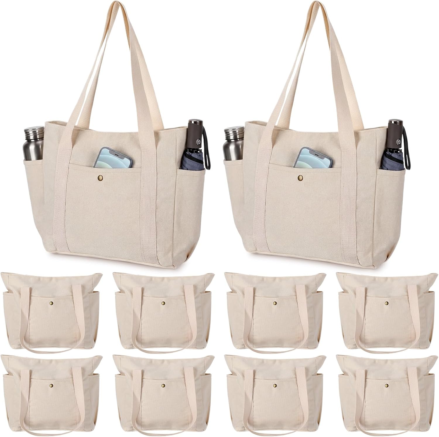 Sadnyy White 10 Pcs Canvas Tote Bags for Women Reusable Shoulder Tote Bag with Zipper Shopping Grocery Handbag for Work Travel
