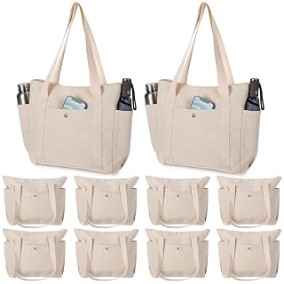 Sadnyy White 10 Pcs Canvas Tote Bags for Women Reusable Shoulder Tote Bags with Zipper Shopping Grocery Handbag for Work Travel - Amazon product rated Grade A