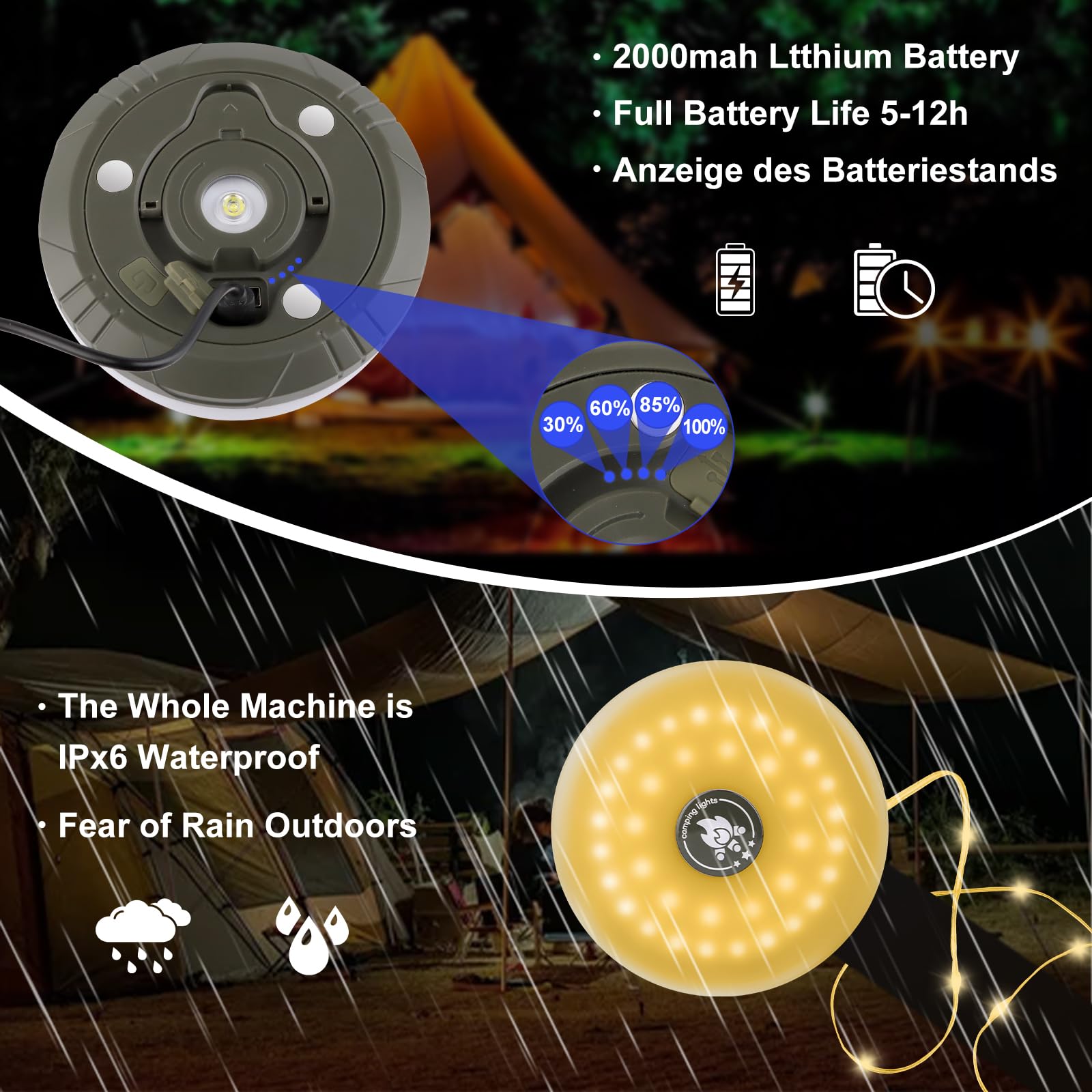 Luci Da Campeggio A LED Ricaricabili, Confezione Da 4, Luce Da Tenda A Led Con Gancio Per Campeggio Ed Emergenze 96394328