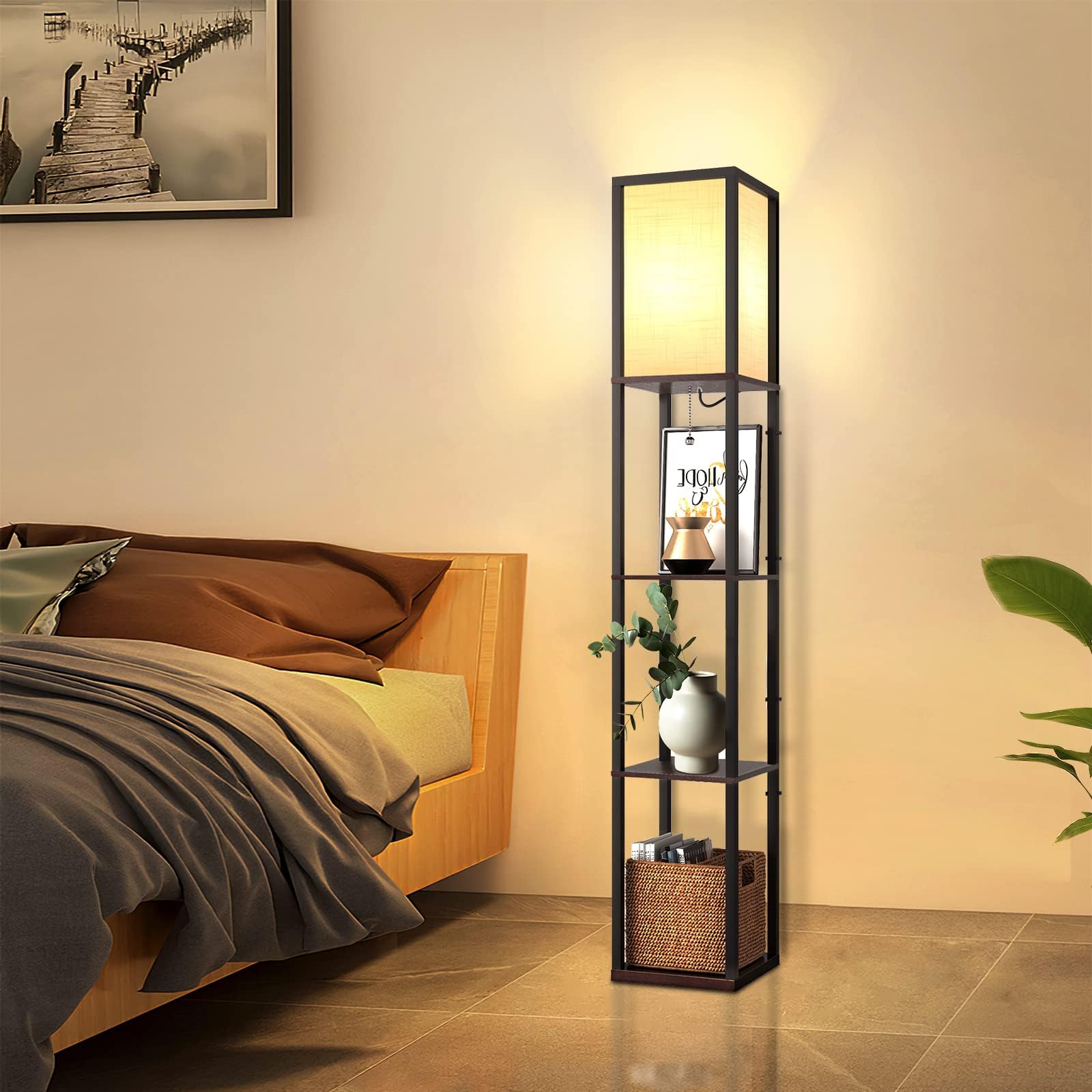 Omdekor Stehlampe aus Holz, Moderne Stehleuchte mit Schwarz Regal, Standleuchte Holzablage 3 Farbtemperaturen Birne, Beleuchtung E27 Fassung für Wohnzimmer Büro Schlafzimmer Flur Ecke(Kein Korb)