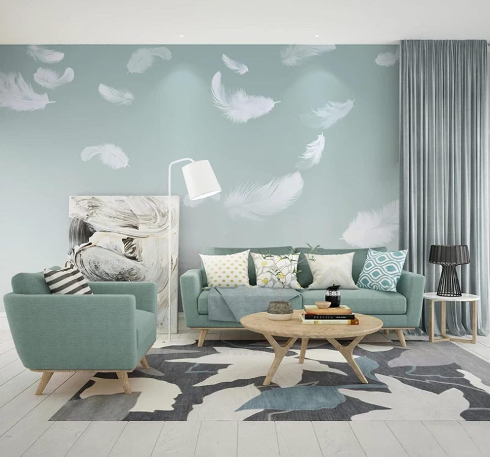 XLMING Minimalist Fresh Light Green Hand Drawn Feathers 3D Wallpaper Luxury Home Dining Decor Paste Sofa Living Room The Wall for Bedroom Mural-200cm×140cm