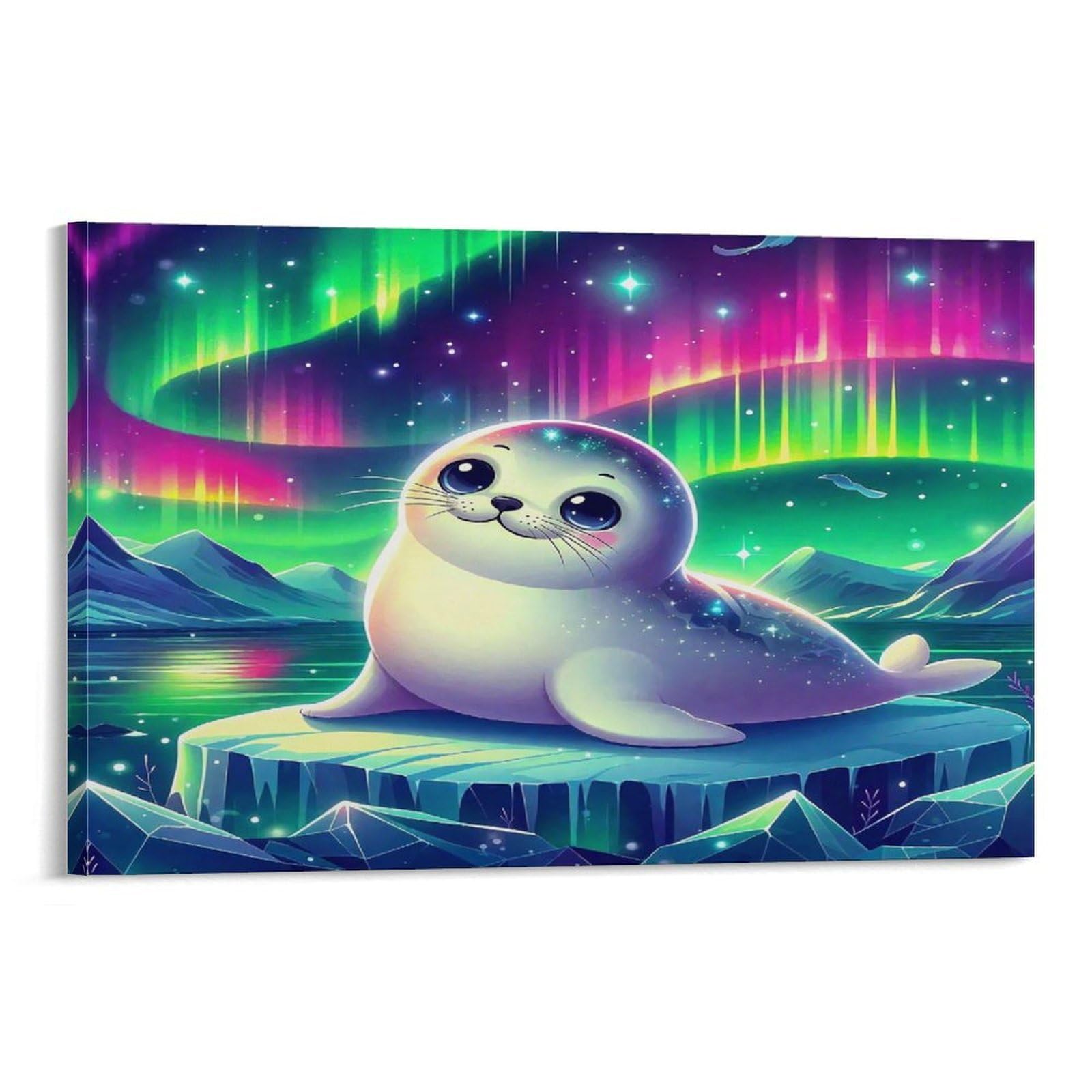 Seal Under Aurora near Lighthouse Single Arctic Seal on Ice Beneath Vibrant Aurora Sky Canvas Print - Living Room Gallery Wall Statement Piece Fade Resistant Ready to Hang 08x12inch(20x30cm)