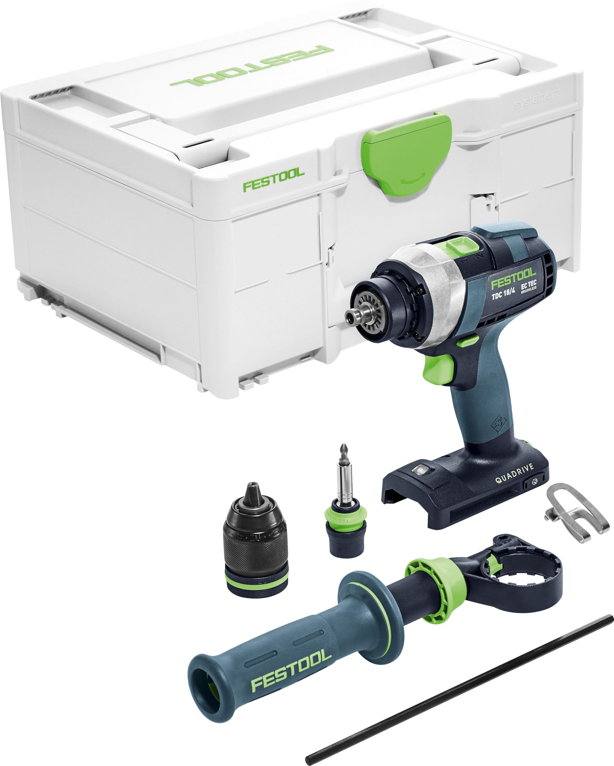 Festool Akku-Bohrschrauber TDC 18/4 I-Basic Quadrive - 18V Schrauber | Bürstenloser EC-TEC Motor, 4-Gang-Metallgetriebe, FastFix Schnellspannbohrfutter, inkl. Systainer SYS3 M 187, Bit & Clip