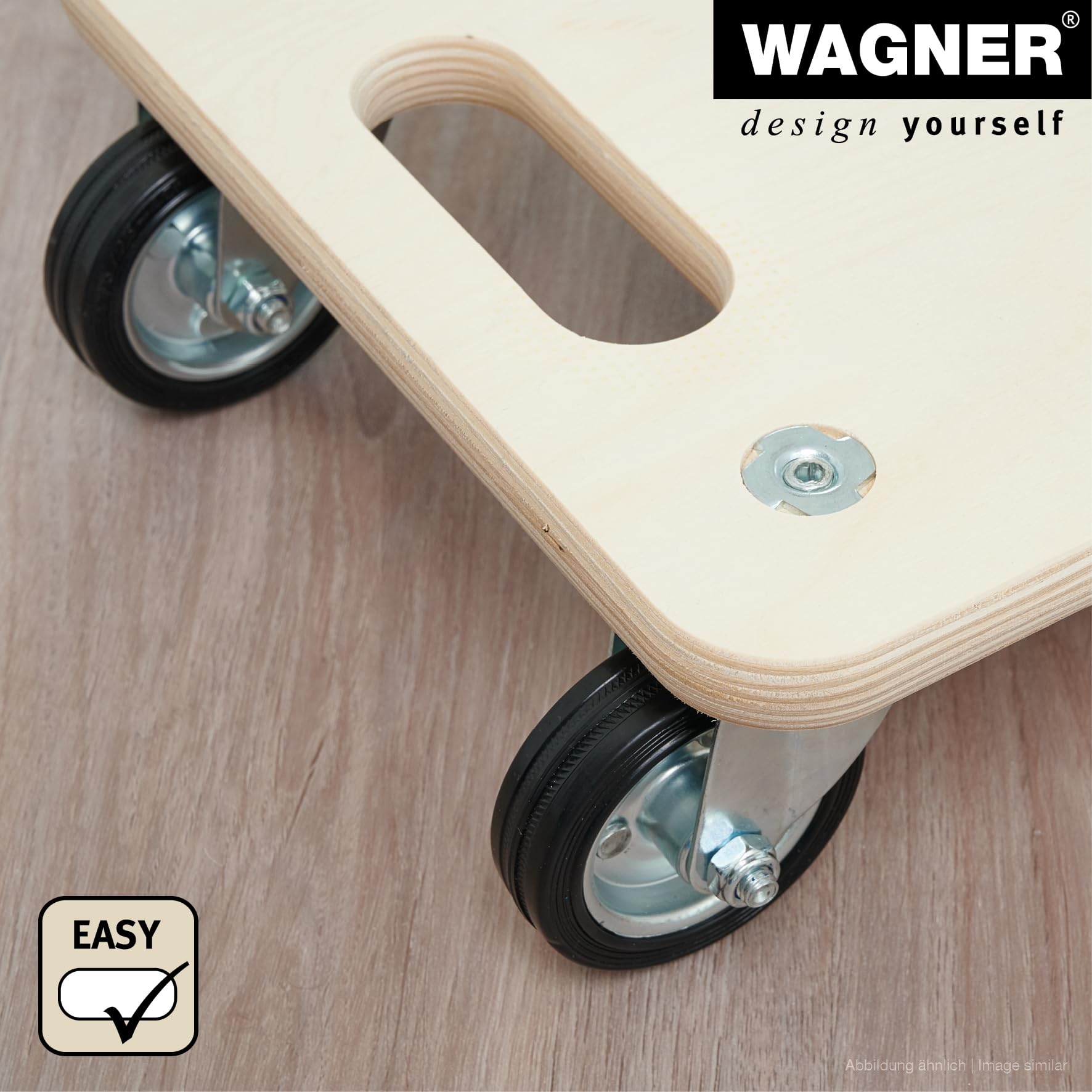 WAGNER Transportroller Transporthilfe 1087 I Schichtholz I 60 x 50 x 13,5 cm, Tragkraft 400 kg I Möbelroller für Umzüge I Schwerlastrollbrett Vollgummi Soft-Rollen I Tragegriff I FSC® I Made in DE