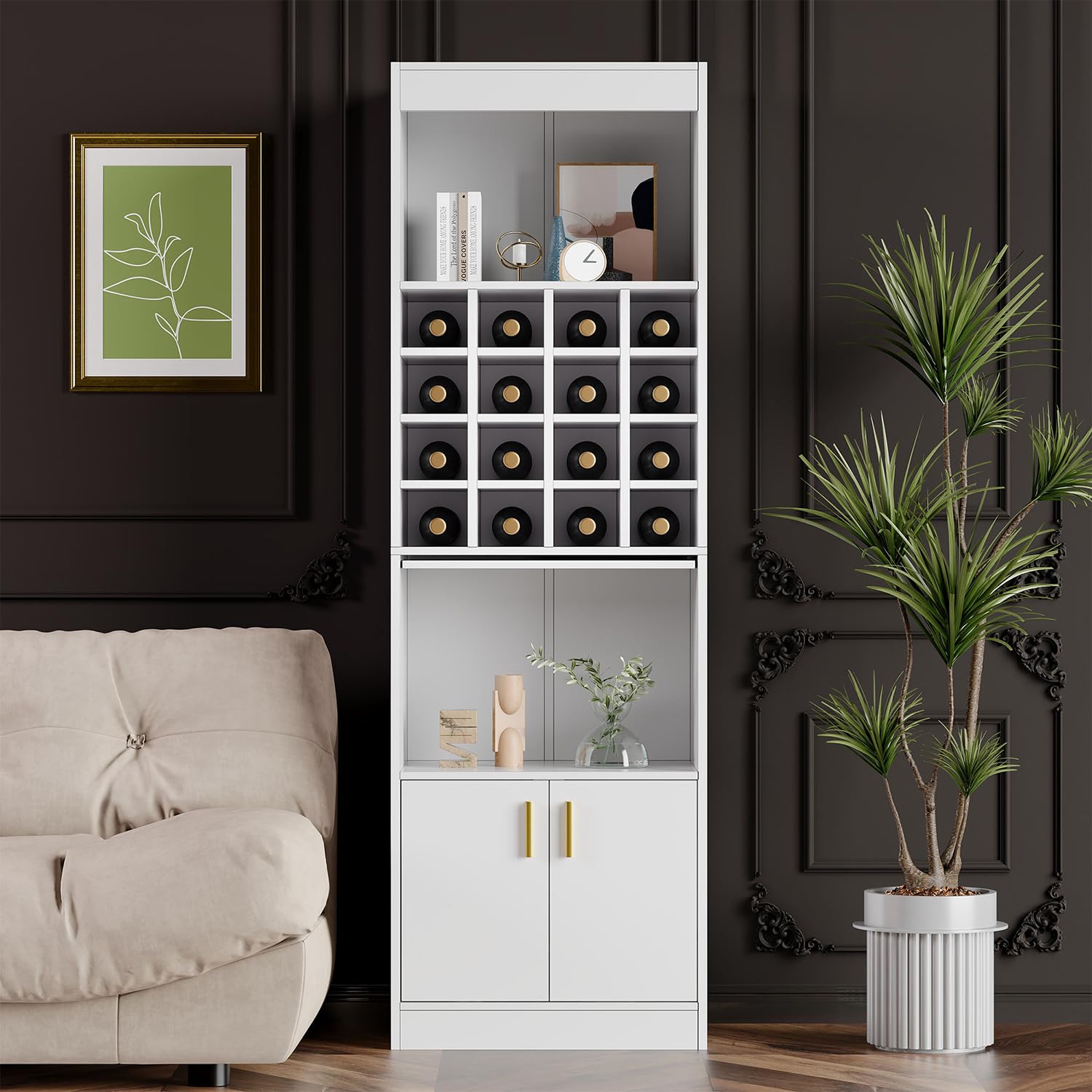 Armario de cocina 180 x 50 x 40 cm, armario de vitrina con 2 puertas, armario alto con 16 compartimentos para vino, estantería para salón, comedor (blanco)
