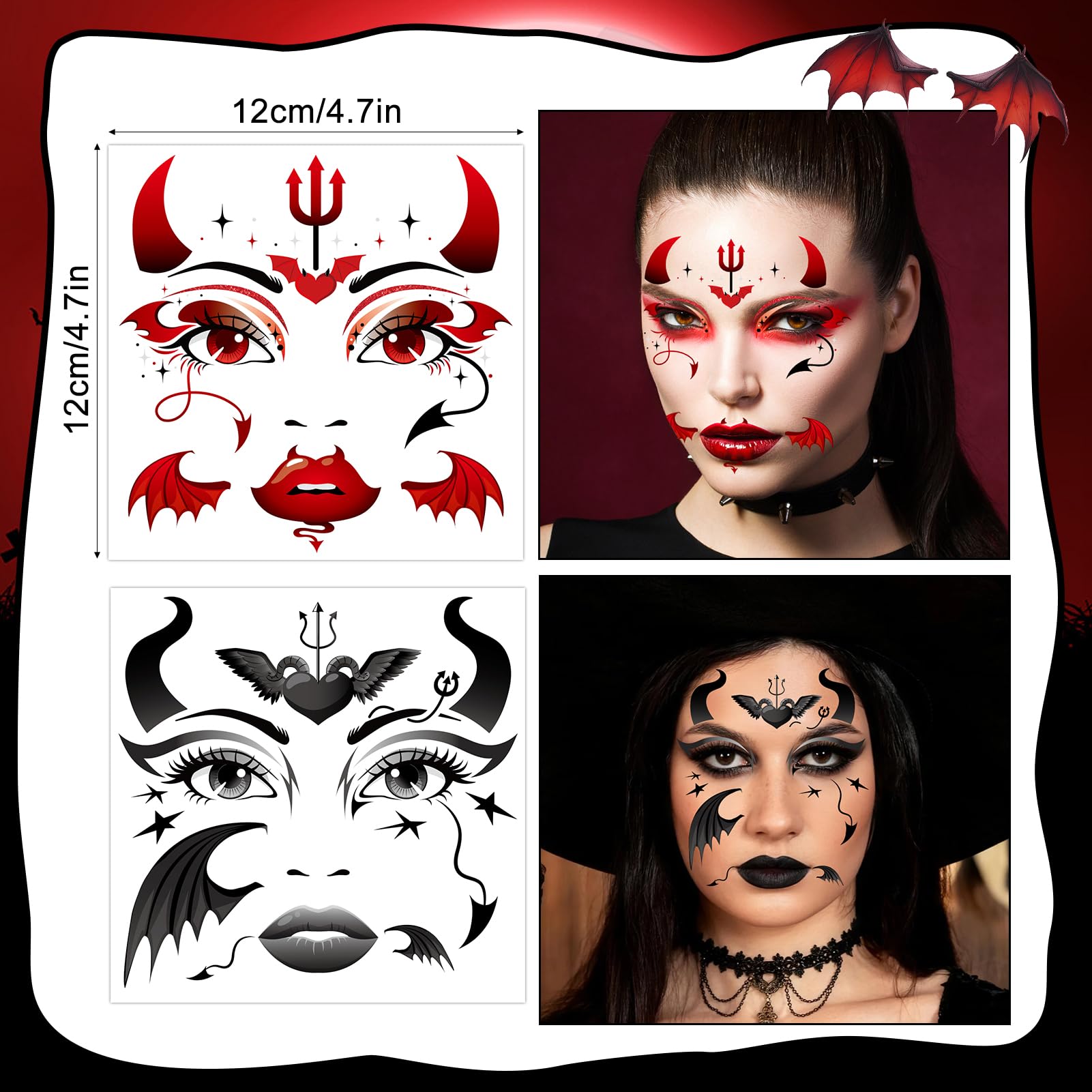 HOWAF Red Devil Horns Headband & Halloween Face Tattoos Stickers - Image 3