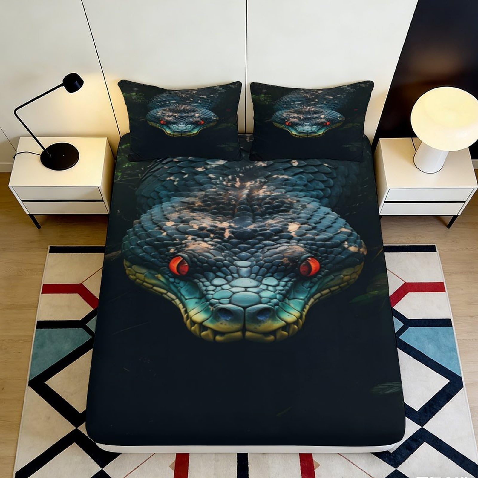3D Printed Snake Pattern Fitted Sheet Microfiber Soft Durable 3D Printed Serpent Bed Cover for Bedroom Dormitory Guest Room Mattress Protection 180x200x25cm