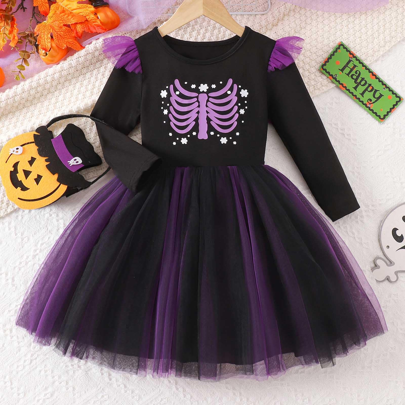Generisch Halloween Kostüm Teenager Mädchen - Halloween Langarm Kleid Gothic Party Outfit Elegante Cosplay Kleid Für Kinder Hexe Fee
