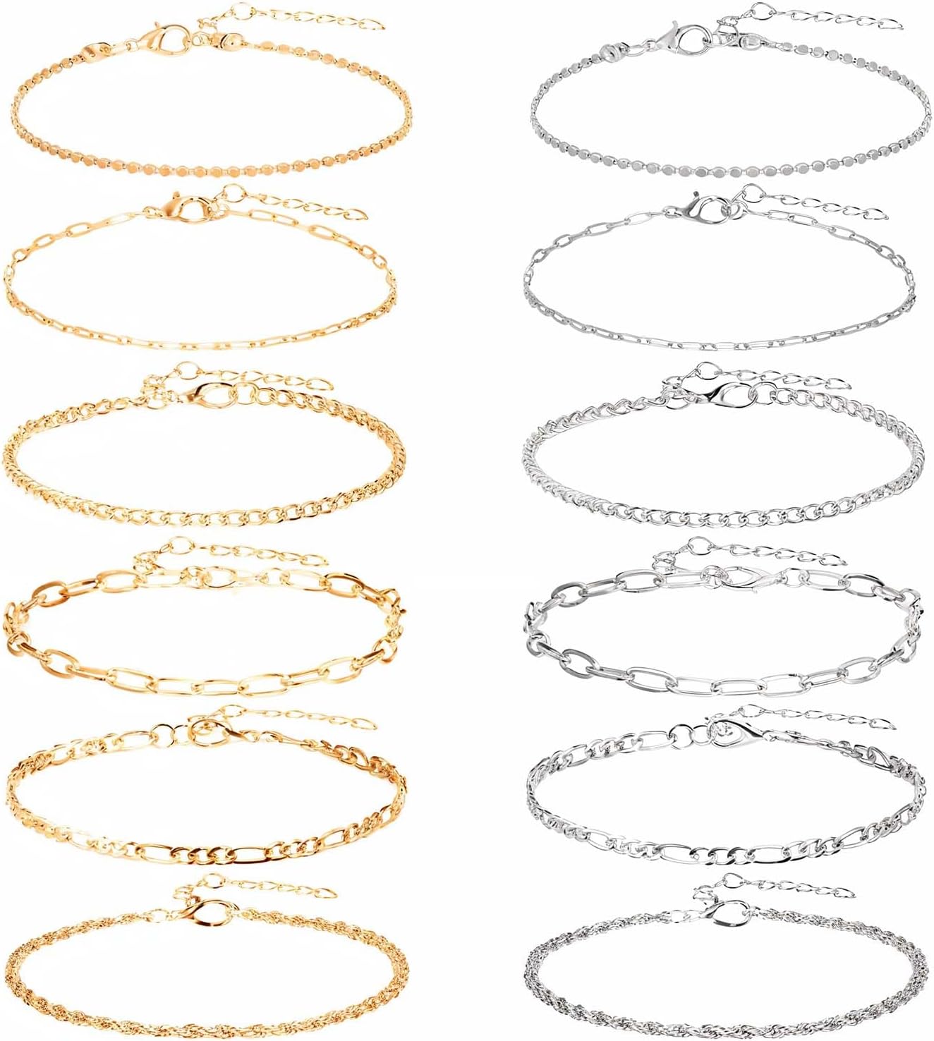 12PCS Gold & Silver Waterproof Ankle Bracelets for Women - Adjustable Layered Cuban Link Anklets Set, Dainty Boho Beach Jewelry