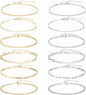 12PCS Gold & Silver Waterproof Ankle Bracelets for Women - Adjustable Layered Cuban Link Anklets Set, Dainty Boho Beach Jewelry