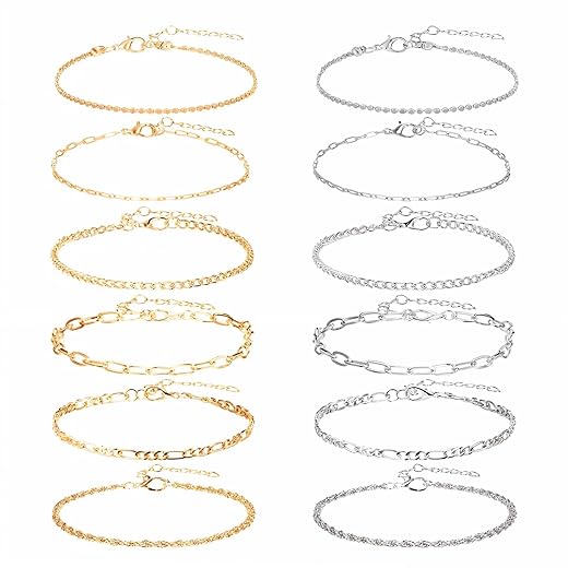 12pcs Gold/Silver Ankle Bracelets for Women Layered Waterproof 14k Cuban Link Chain Anklets Set Adjustable Dainty Summer Beach Gold Accessories Boho Bracelet Jewelry