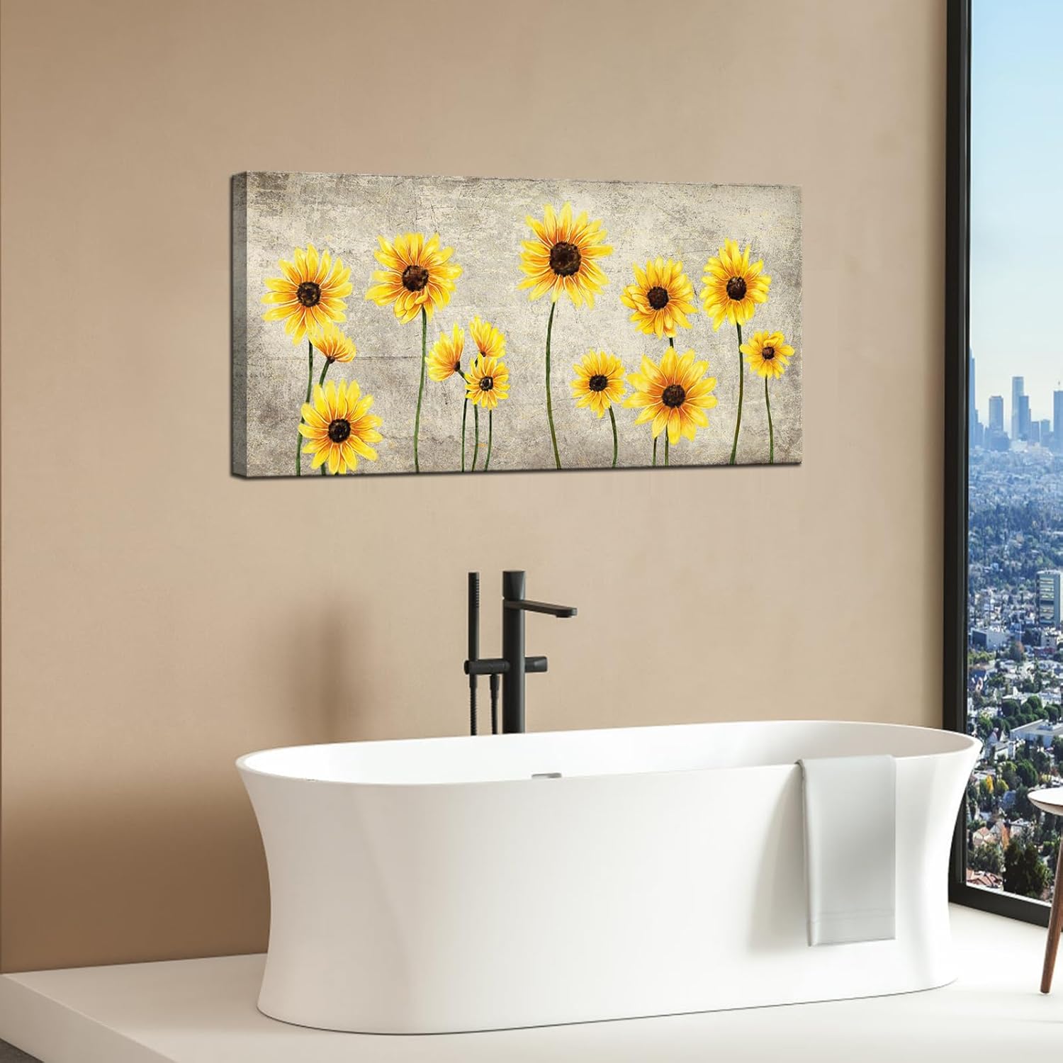 KLVOS Sunflower Canvas Prints Picture Yellow Bloosom Sunflower Floral Painting Artwork for Home Living Room Bedroom Wall Decor Framed and Stretched Modern Home Decoration Ready to Hang 24"x48"