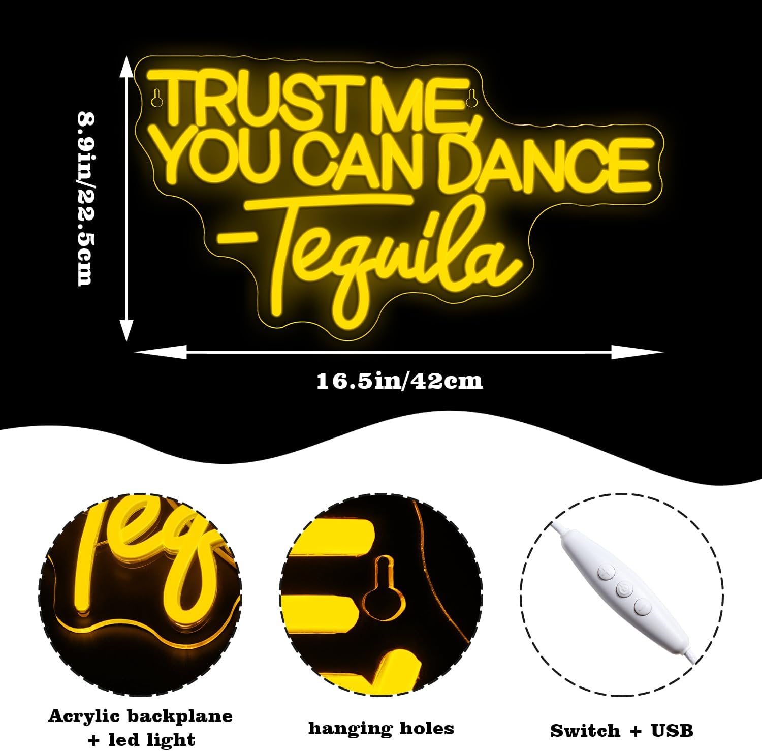 Trust Me You can Dance Tequila Neon Sign Yellow Letter Neon Lights Vibrant Orange Neon Bar Signs for Wall Decor USB Light Up Sign for Home Bar Man Cave Party Club Restaurant
