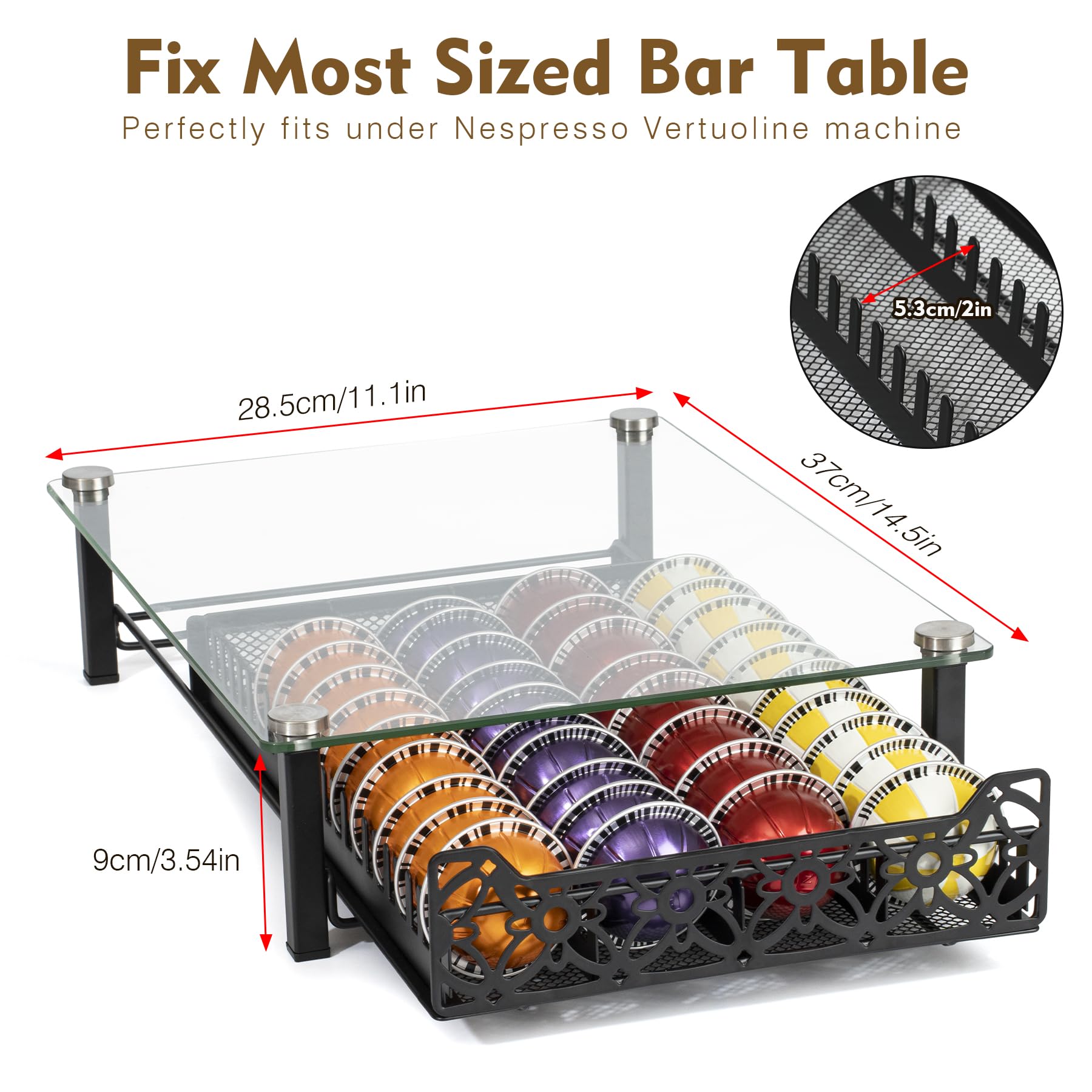 RECAPS Organizer aus gehärtetem Glas, kompatibel mit Nespresso-Vertuo-Kapseln, K-Pod-Schublade, Kaffeemaschinen-Ständer