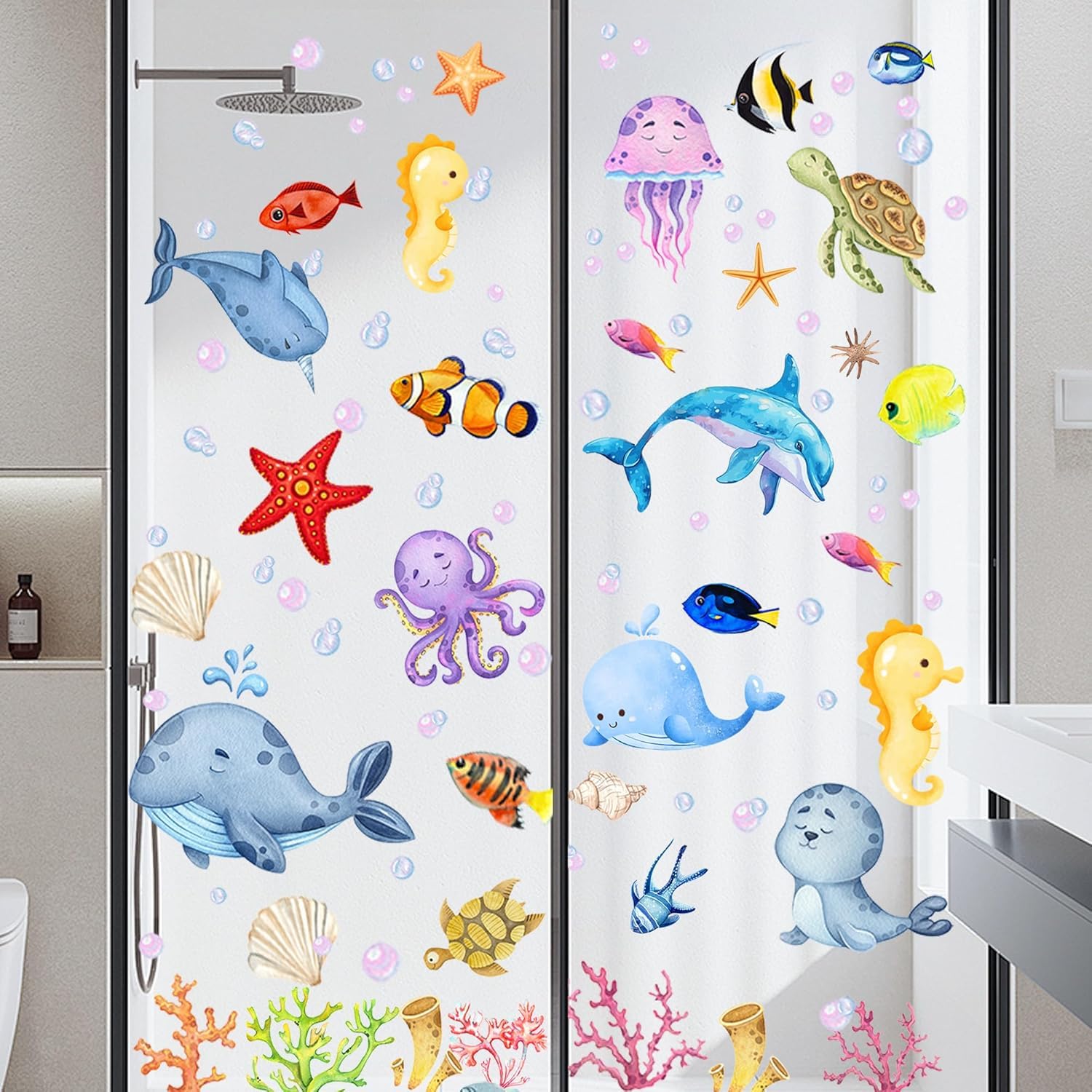 9 pegatinas autoadhesivas para ventanas, animales marinos pegatinas de pared pegatinas para ventanas de baño pegatinas reutilizables para la decoración del cuarto de baño de los niños