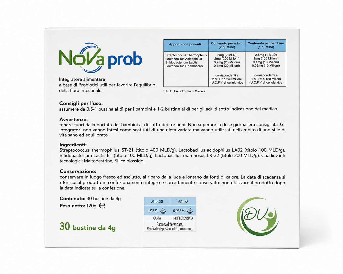 Novaprob Integratore Alimentare Probiotici Fermenti Lattici, 30 Bustine da 4 g, Flora Intestinale, Made in Italy