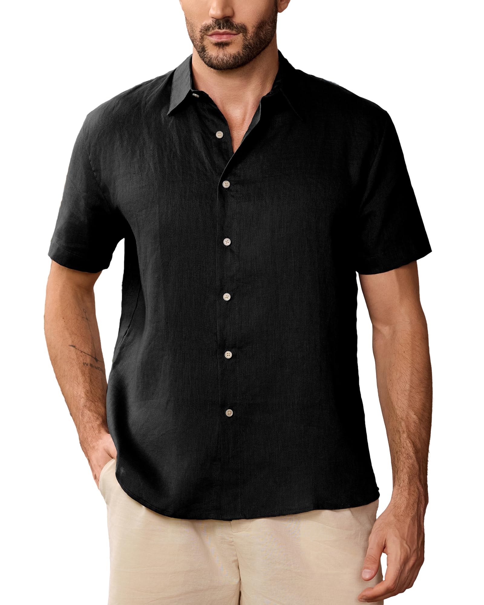 Kallspin Men's 100% Linen Button Down Shirts Casual Short Sleeve Tops Collared Summer Beach Shirts