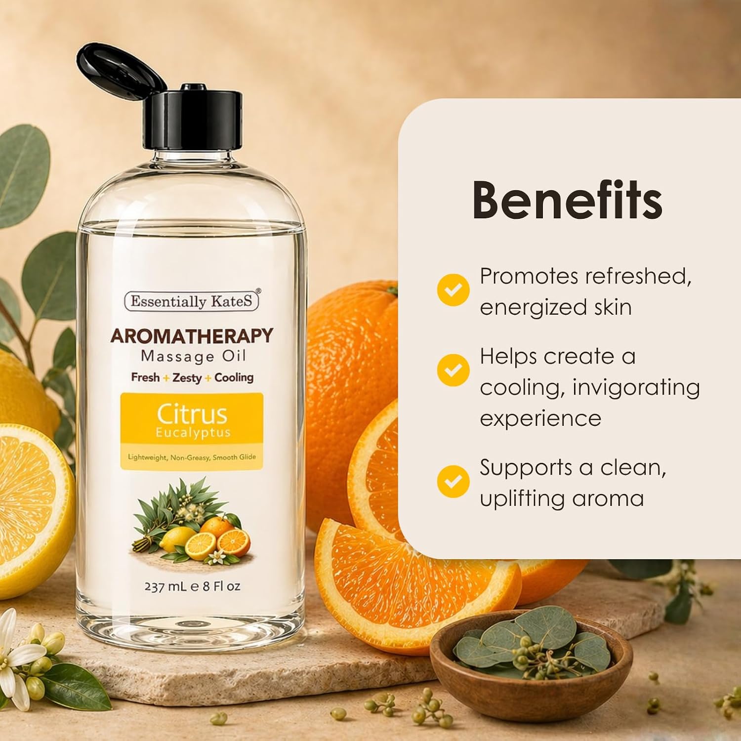 Aromatherapy Massage Oil – Citrus & Eucalyptus with Fractionated Coconut Oil, Lightweight Non-Greasy, Very Long-Lasting Glide and Excellent Slip, 100% Natural, 8 FL Oz