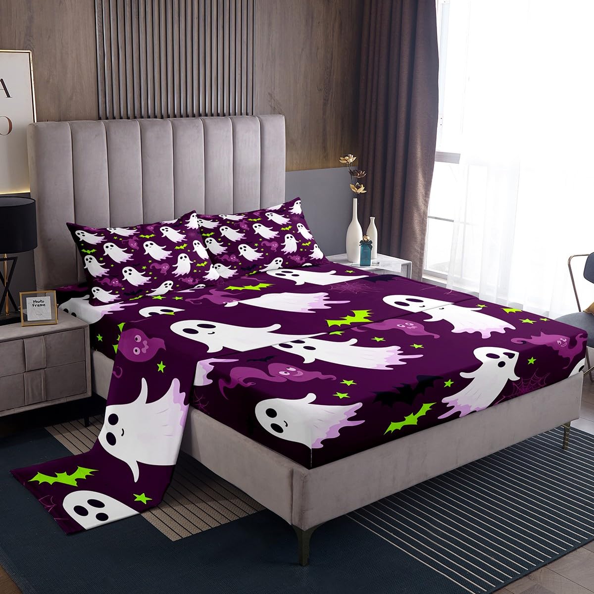 Feelyou Happy Halloween Bed Sheets Set Twin Size Kids Ghost Bat Print Bedding Set for Boys Girls Teens