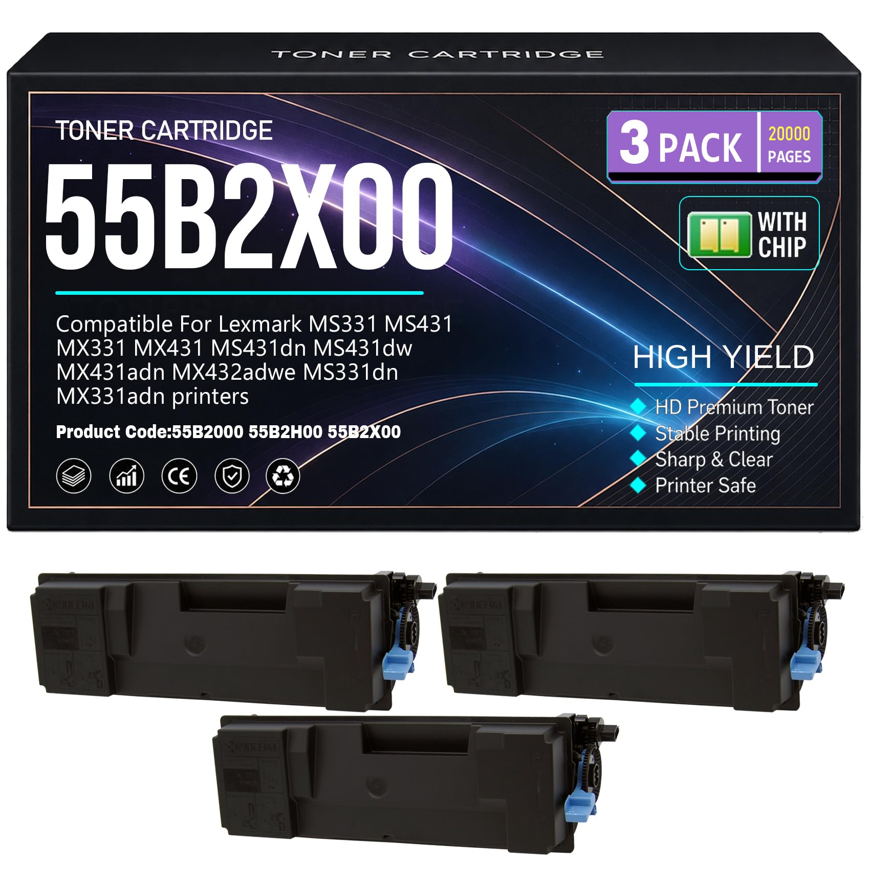 MS331 MS431 MX331 MX431 Cartucce toner 55B2000 55B2H00 55B2X00 Toner per Lexmark MS431dn MS431dw MX431adn MX432adwe MS331dn MX331adn Stampanti con chip 20.000 pagine