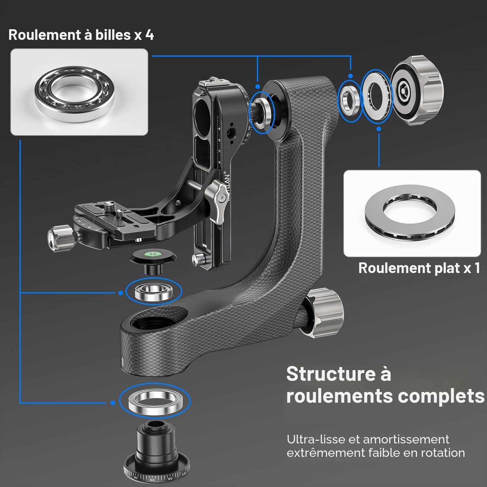 WEYLLAN Tête de Trépied Professionnelle en Fibre de Carbone, Panoramique 360° avec Plaque Dégagement Rapide Arca 1/4'' 3/8'' pour Appareil Photo Reflex Numérique, Charge 20kg