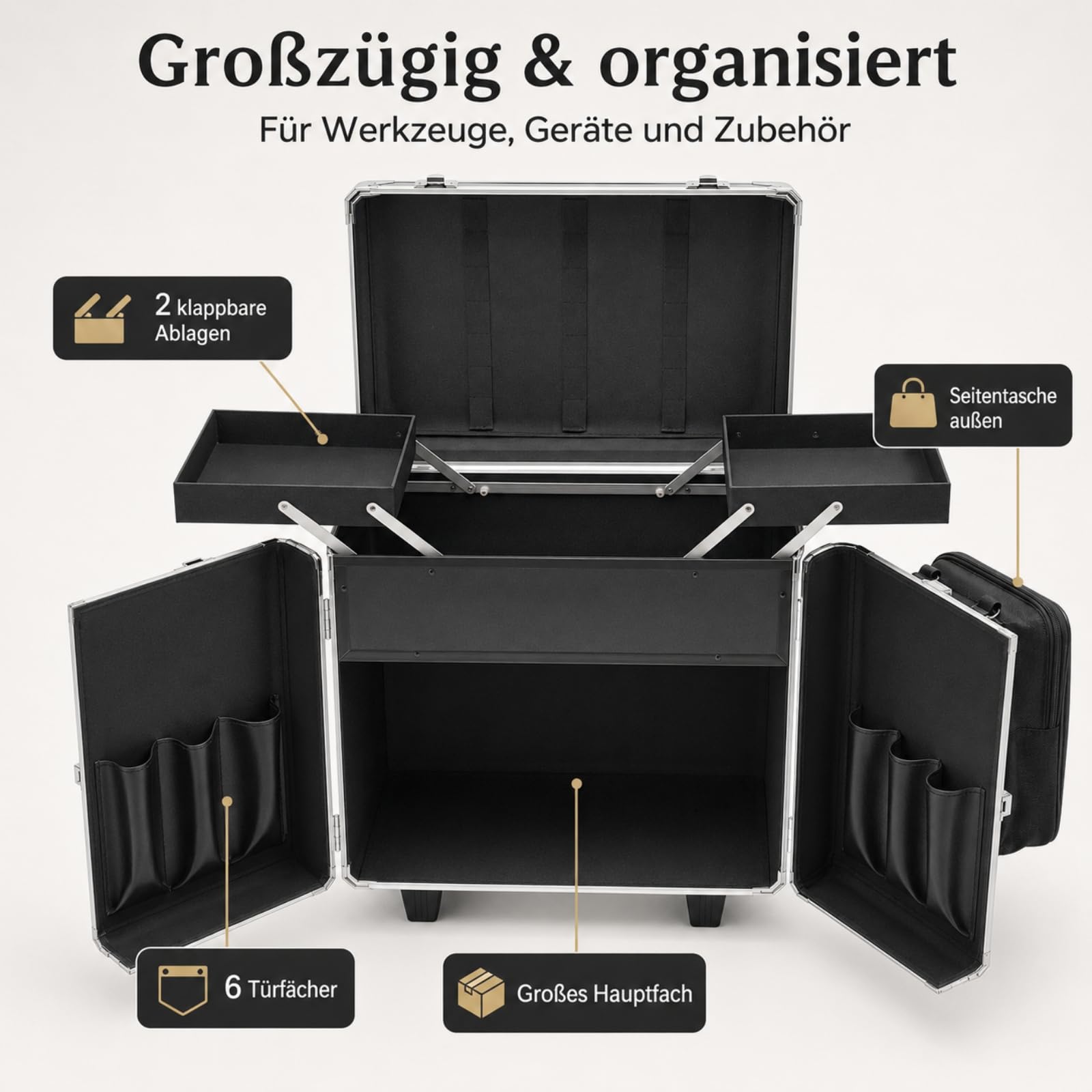 Fußpflege Koffer 46x29x42cm Werkzeugkasten Mobiler Fußpflegekoffer Nageldesign Koffer für Fußbadgeschäfte, Massagesalons, Schönheitssalons (Schwarz+Silber)