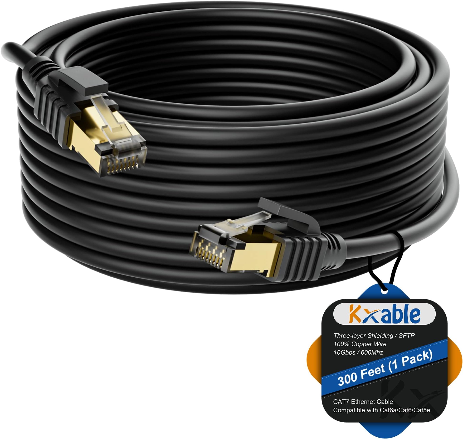 Cat 7 Ethernet Cable 300 Feet, Long High Speed Internet Cord, CAT7 RJ45 LAN Network Cable, Triple Shielding SFTP 10Gbps 600Mhz Patch Cable, Compatible with CAT6A CAT6 CAT5E CAT5 Cable