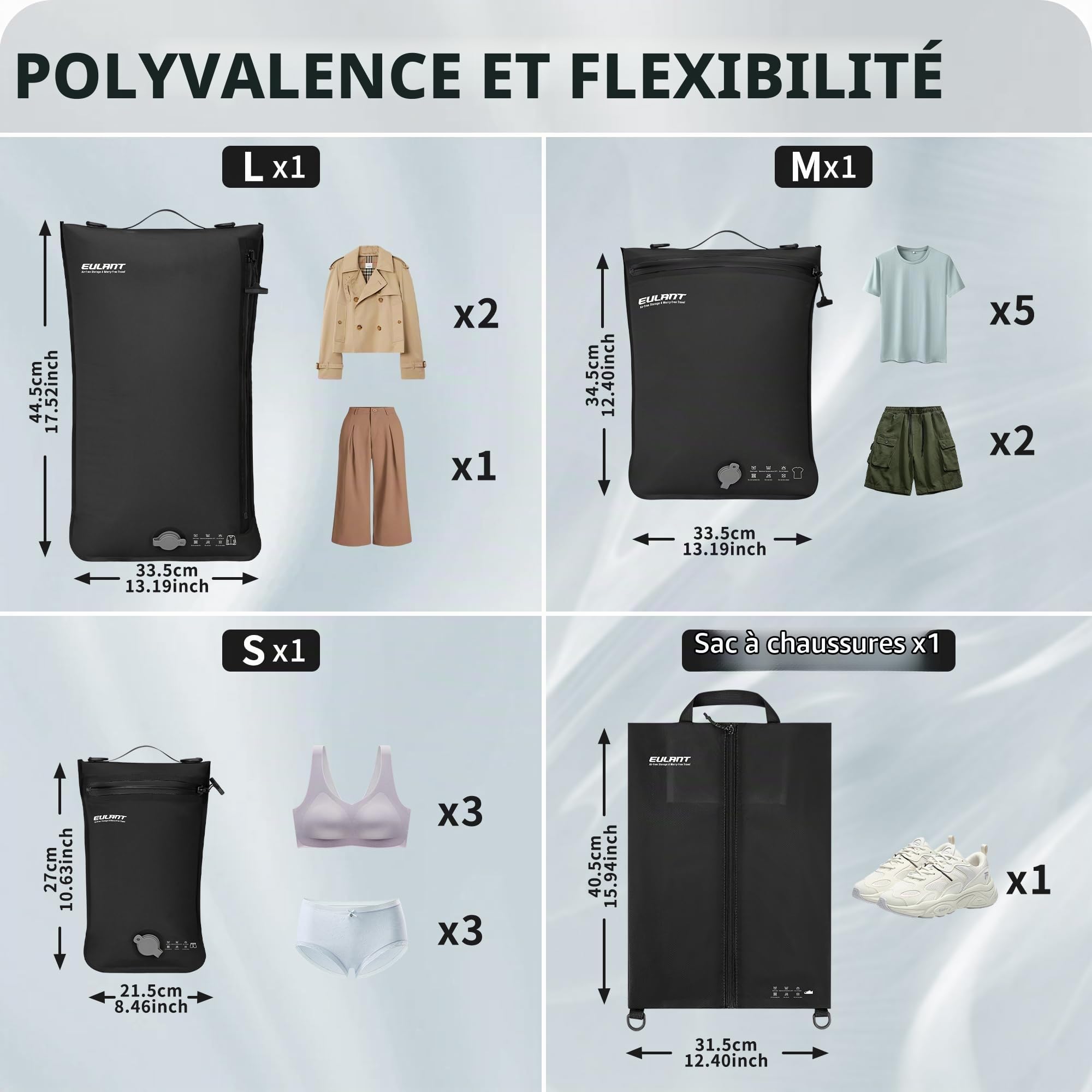 EULANT Lot de 4 Réutilisable Cubes de Compression Sous Vide pour Voyage,3 Sacs Sous Vide Etanches + 1 Sac à Chaussures, Organiseur de Sac de Voyage pour Bagage à Main