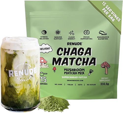 Renude Chaga Matcha - Polvo de hongos Chaga, mezcla de bebida superalimentaria con adaptógenos, matcha de hongos de grado ceremonial, keto, vegano,