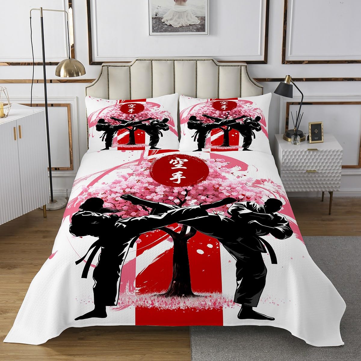 jejeloiu Kids Queen Size Samurai Coverlet Set Warrior Bushido Bedspread Cherry Blossom Quilted Coverlet for Kids Boys Girls Japanese Style Quilted 3Pcs