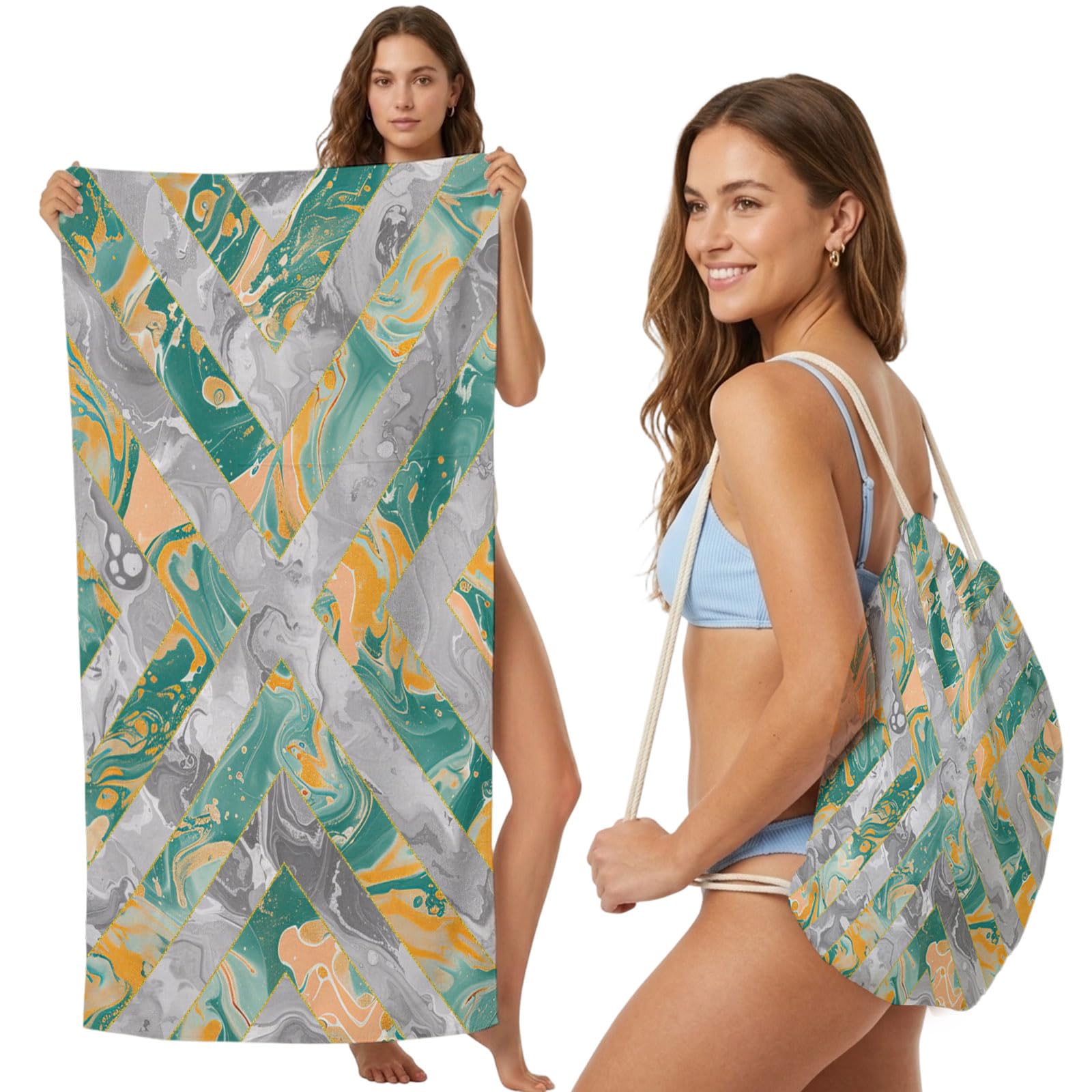 FWJZDSP Beach Towel Backpack Convertible Abstract Mable Sand Free Quick Dry Towel Bag Modern Geometic Beach Towel with Adjustable Straps for Travel Swimming Pool Beach Accessories 31.5x63in