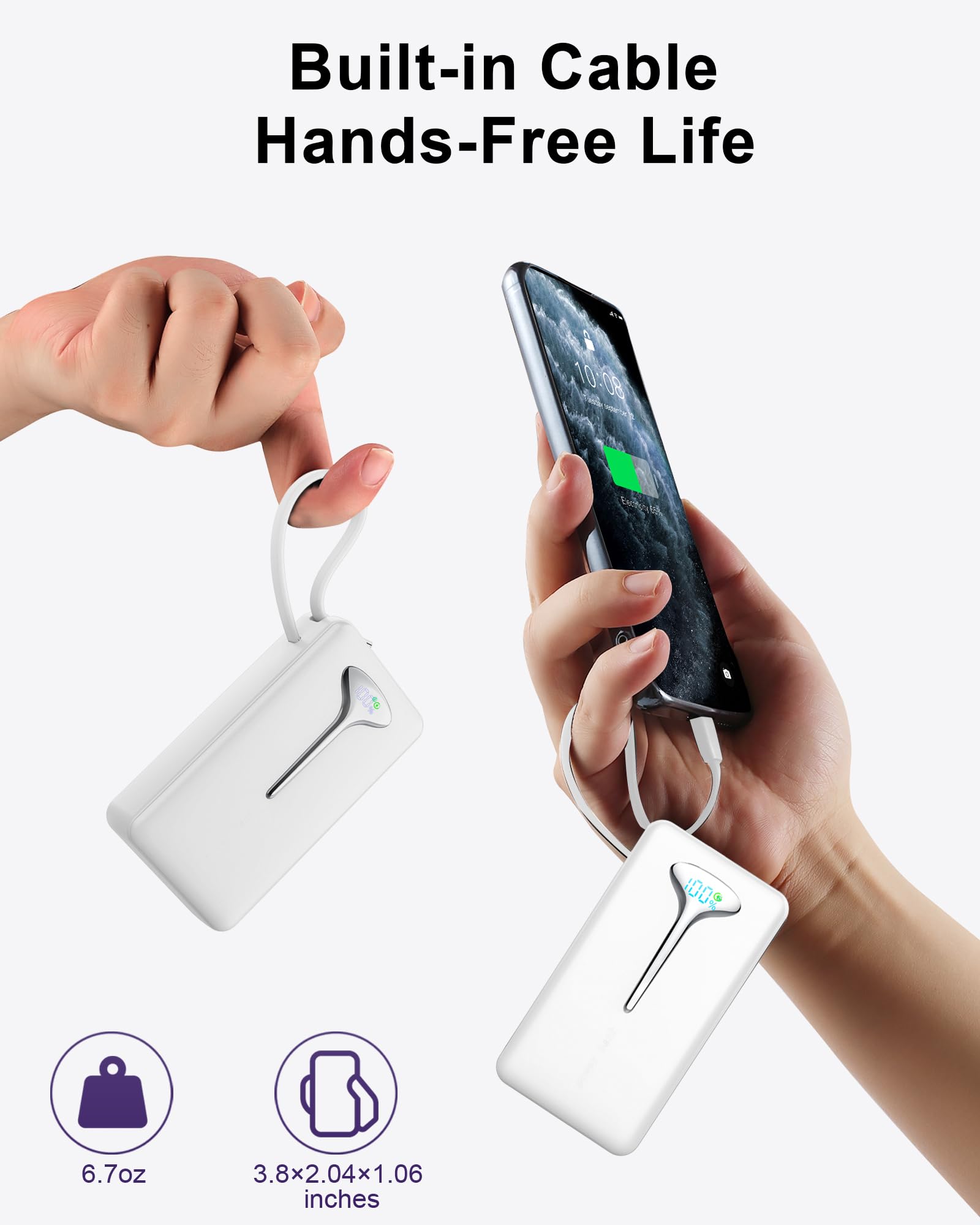 Power Bank 10000mAh, 22.5W Powerbank Ricarica Rapida USB C, Raricatore Portatile con Cavi Integrati Piccolo Potente, Raricabatterie Portatile con 3 porte per iPhone 16 15 14 Samsung iPad Tablet banca