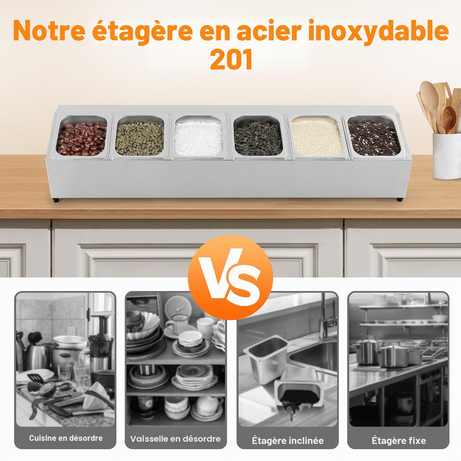 6 BoîTes De Rangement Gn Distributeur De Condiments Avec Couvercle RéCipient Gn Inclinable En Inox Passe Au Lave-Vaisselle Adapté Aux Restaurants Hot Pot Et Fruiteries