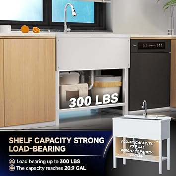 36 Stainless Steel Utility Sink,Laundry Freestanding Sink with Cold and Hot Water Faucet,Commercial Single Bowl,Laundry Room Utility Sink for Kitchens, Garage, Bathrooms