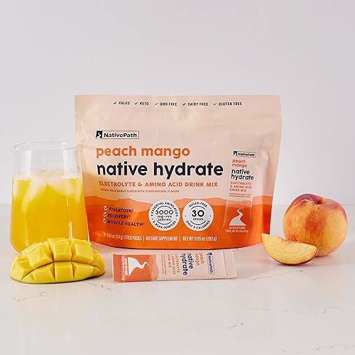 Miniatura 8 de NativePath Native Hydrate - Paquetes de electrolitos en polvo sin azúcar con BCAAs, hidratación de melocotón y mango, apto para dieta keto y paleo,