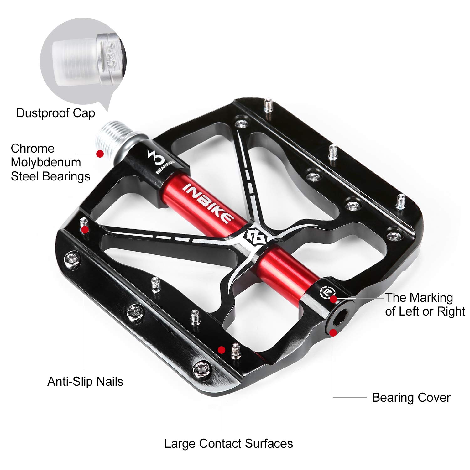 Pédales VTT En Alliage Aluminium 9/16 – INBIKE – Anti-dérapantes Avec Crampons, Légères 153 G, Roulements Scellés – Bleu, Rouge, Noir