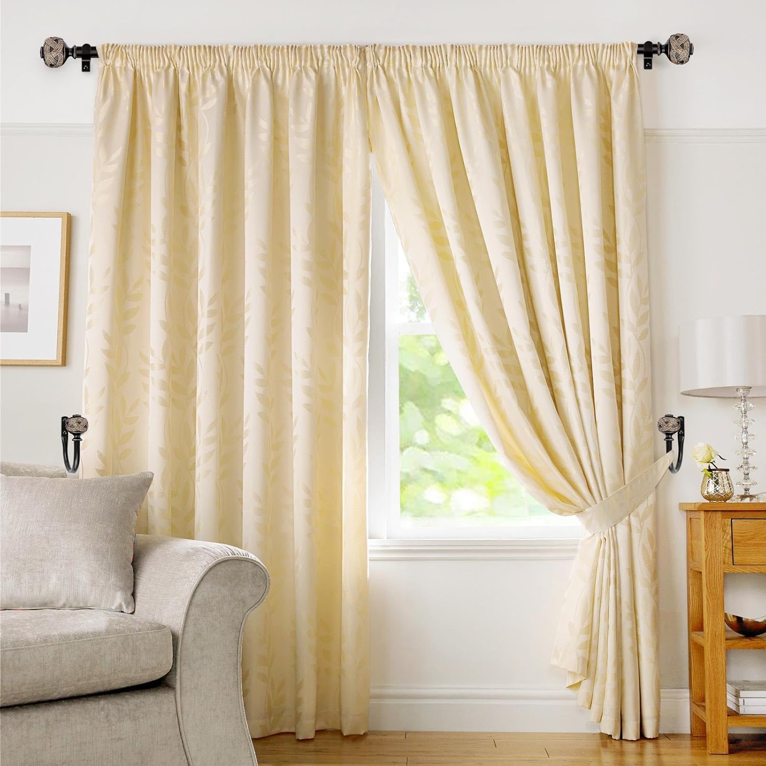 Double Curtain Rods 66 to 120 Inches and 2 Pack Black Curtain Holdbacks with Leaf Finials, Black Drapery Rods for Windows, Decorative Window Drapery Tiebacks(bundles)