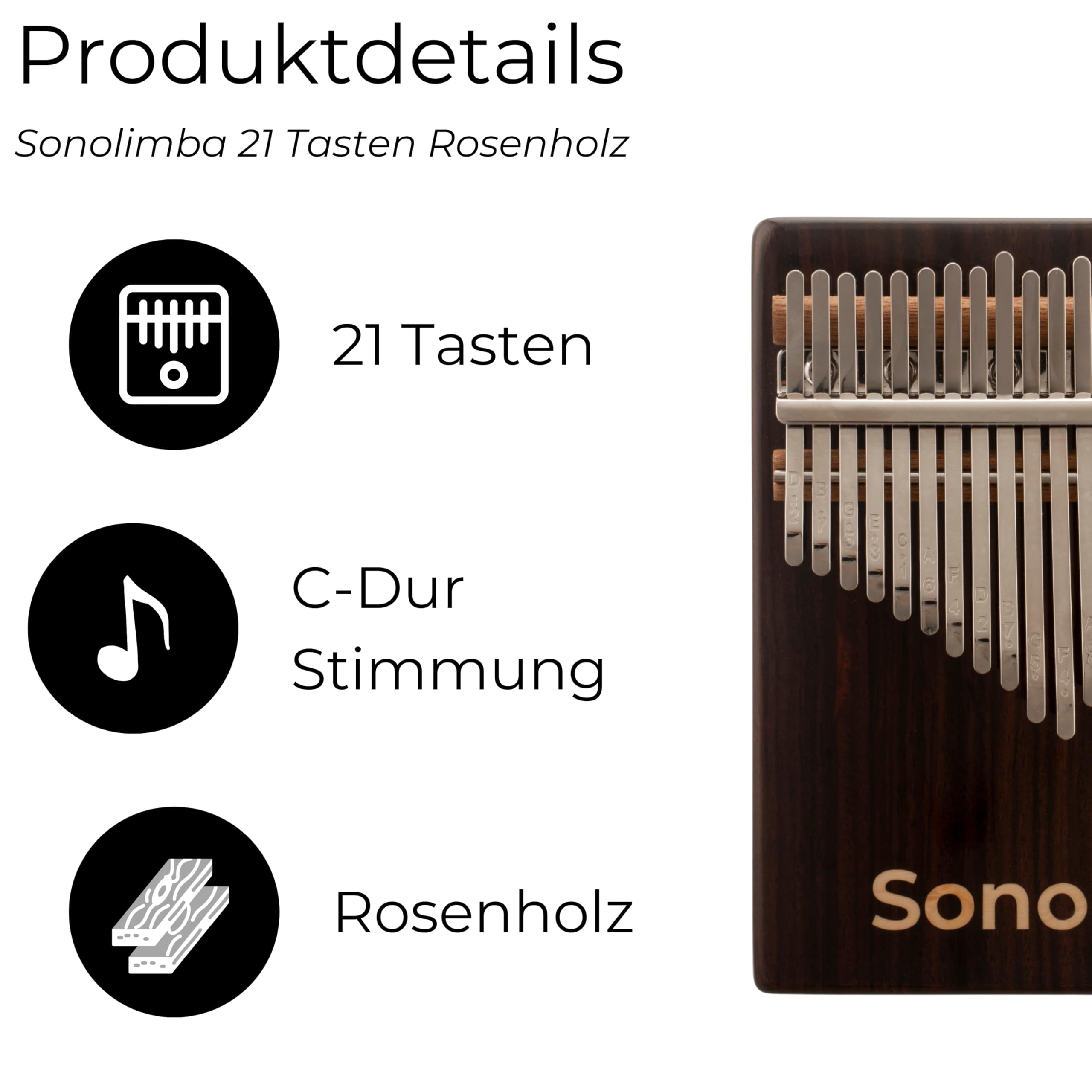Kalimba "Sonolimba" mit 21 Schlüsseln in C - Dur aus Rosenholz - Daumenklavier inkl. Set mit Liederbuch, Schutztasche, Stimmhammer und weiteres. Kalimba Instrument für Kinder und Erwachsene.
