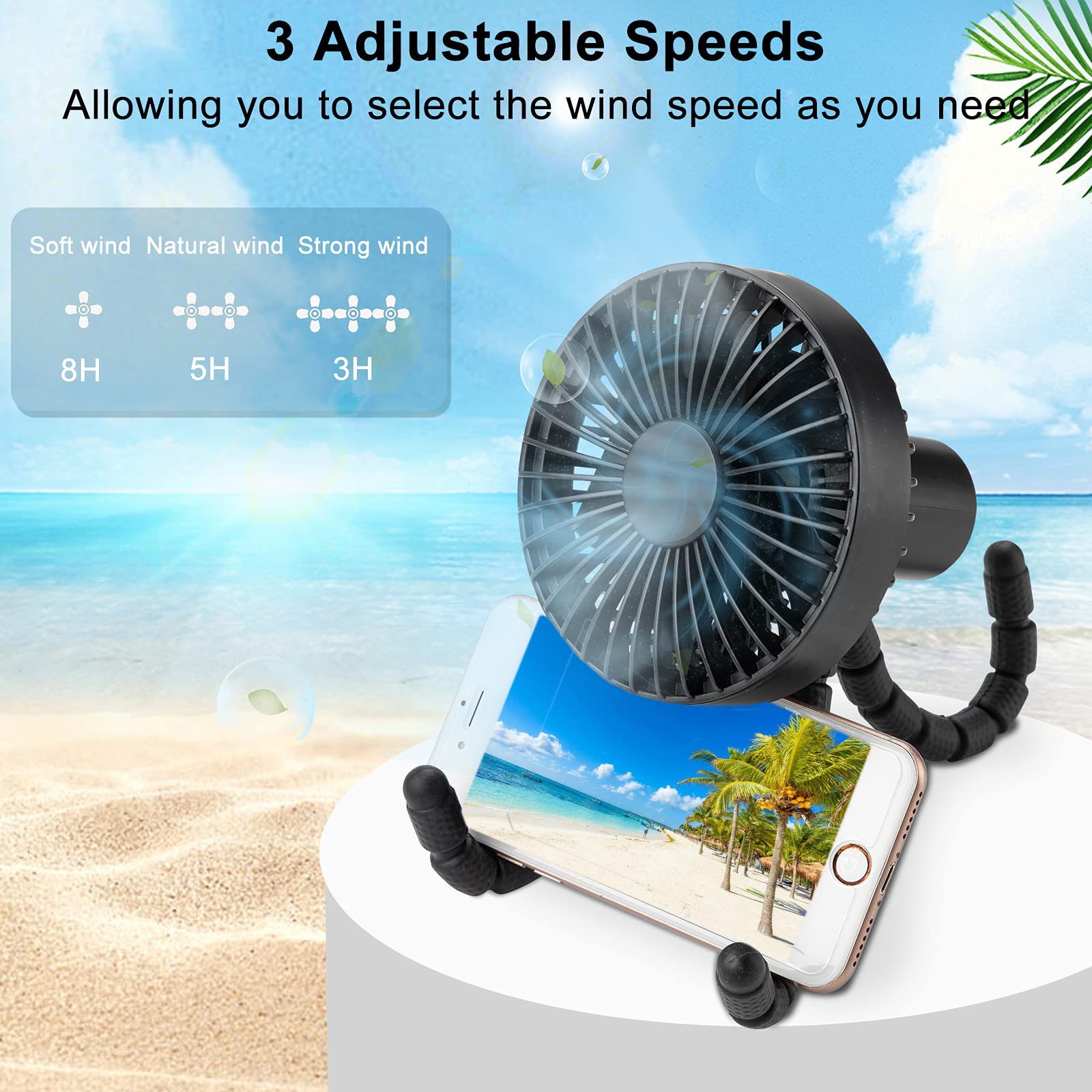 Ventilateur Portable, ventilateur de poussette Clip de trépied flexible sur ventilateur, ventilateur de bureau ultra silencieux rechargeable de type C 1800mAh pour siège de voiture berceau vélo（noir）