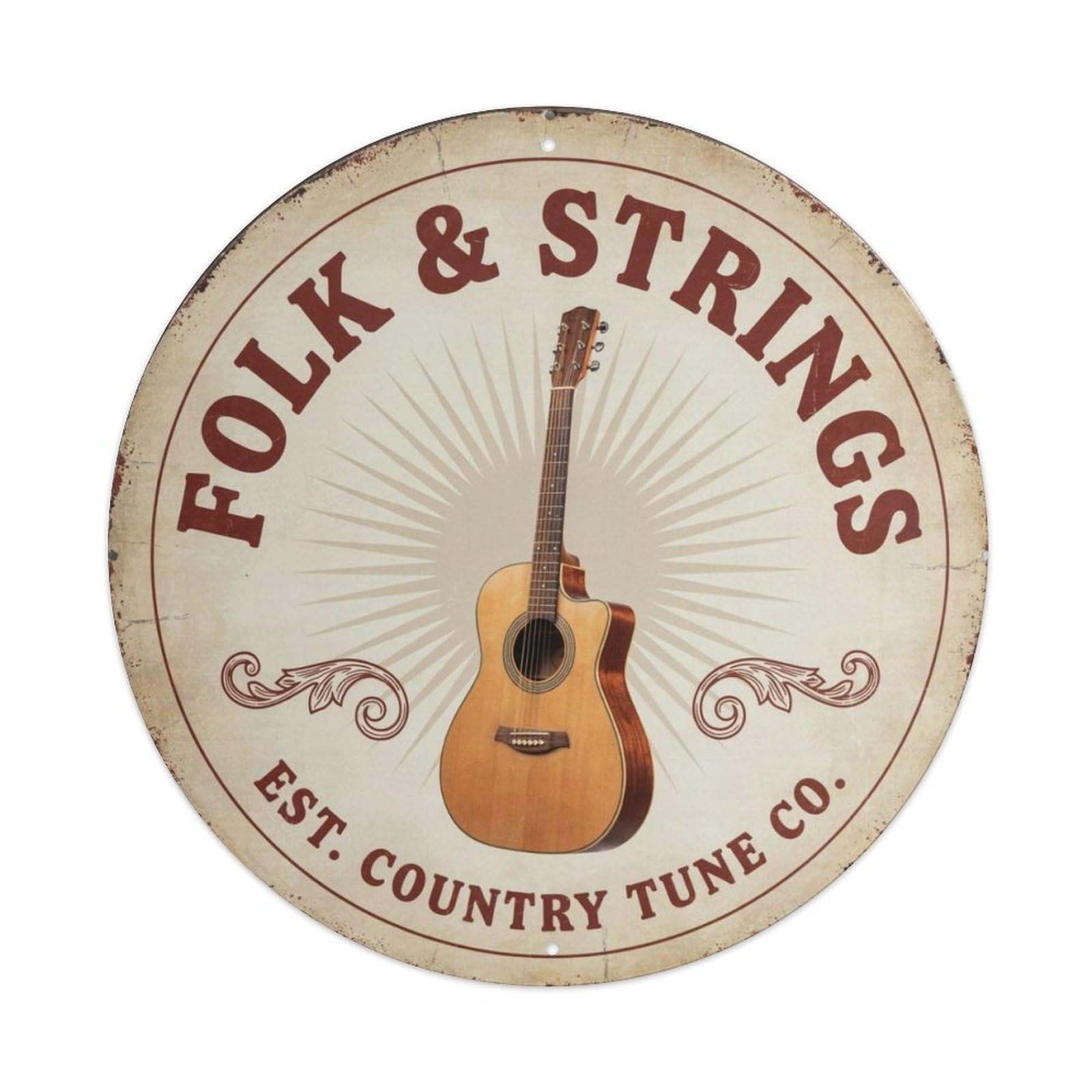 Vintage Acoustic Guitar Round Metal Tin Sign Plaque
