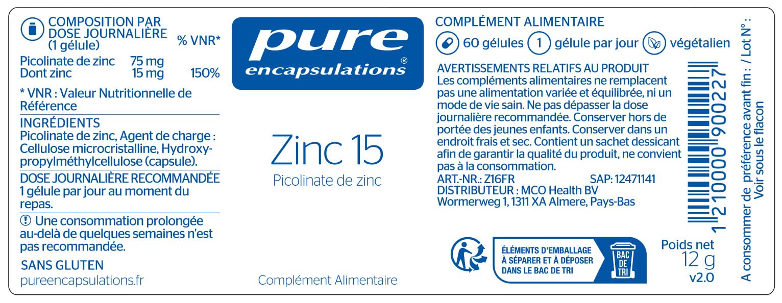 Pure Encapsulations - Zinc 15 - Picolinate de Zinc 15mg - Formule Hautement Absorbable - Soutien au Fonctionnement Normal du Système Immunitaire - 60 Gélules Véganes