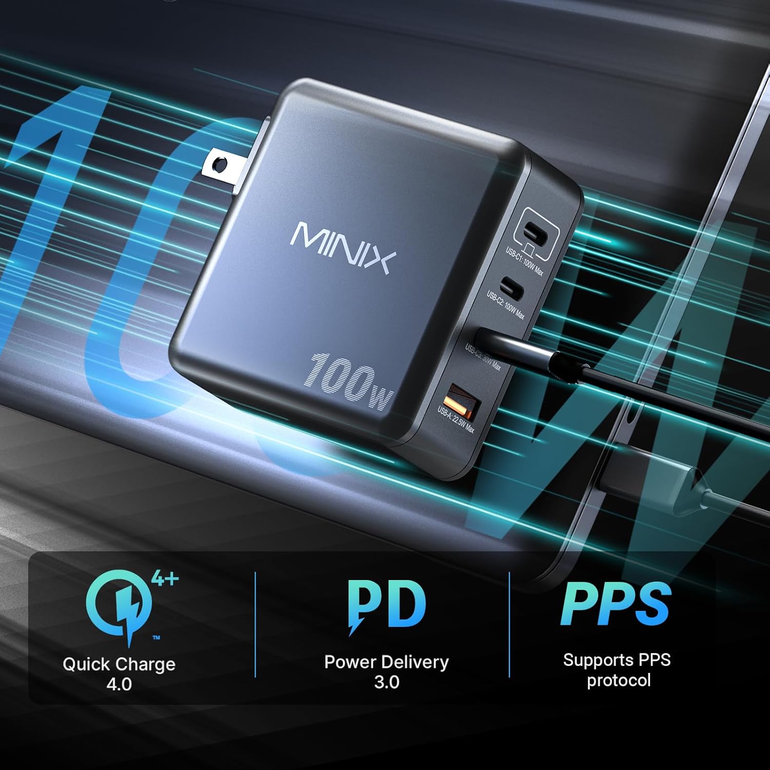 MINIX 100W USB C Charger, 4-Port Fast GaN Charger, Compact Foldable Wall Charger, Compatible with MacBook Pro/Air, iPad Pro, iPhone 17/16/15 Series, Galaxy S25/S24, and More for Home, Travel - Image 6