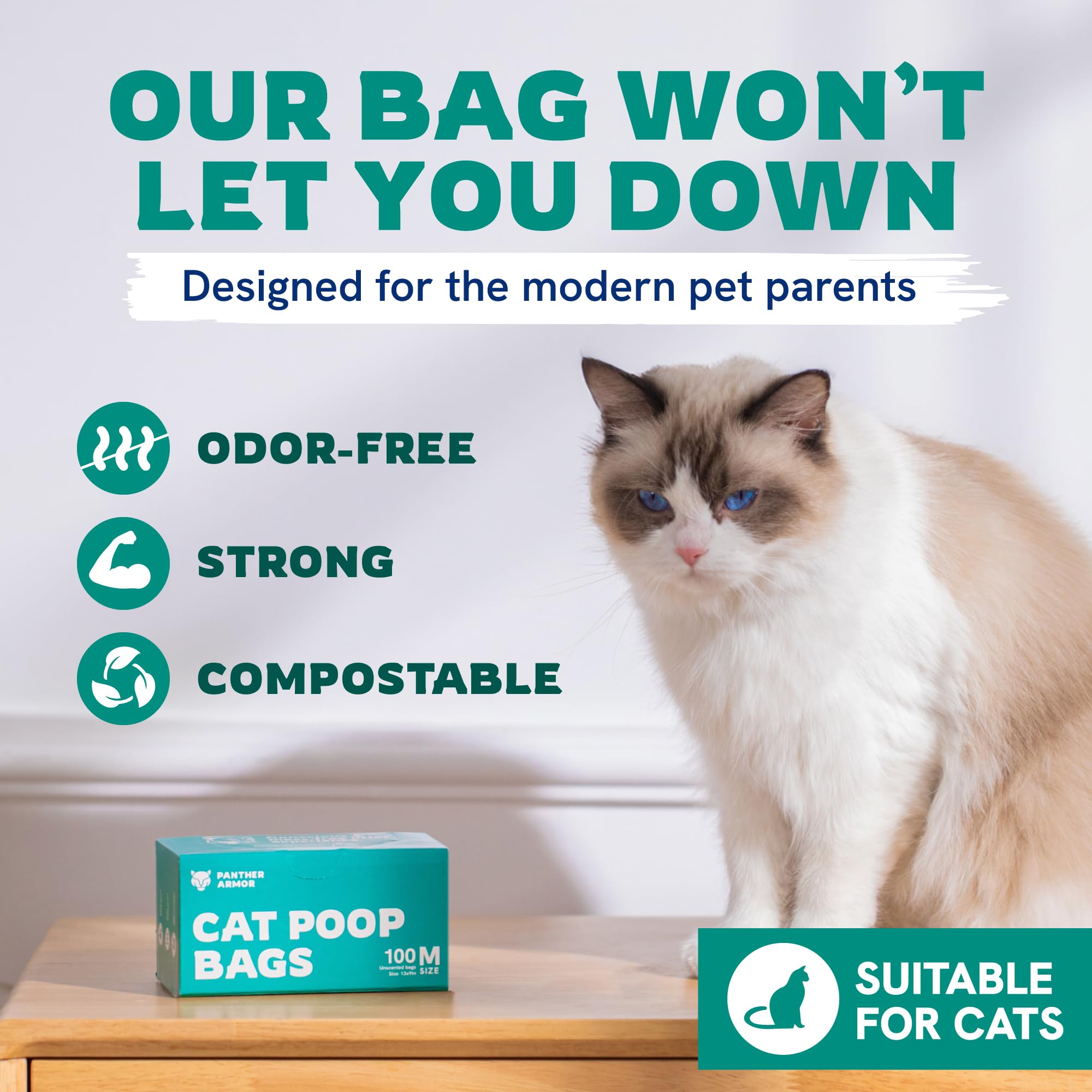 Panther Armor Bolsas para excremento de gato, 100 bolsas de basura para mascotas sin perfume, bolsas de arena para gatos de 13 x 9 pulgadas, bolsas de arena para gatos a prueba de fugas para